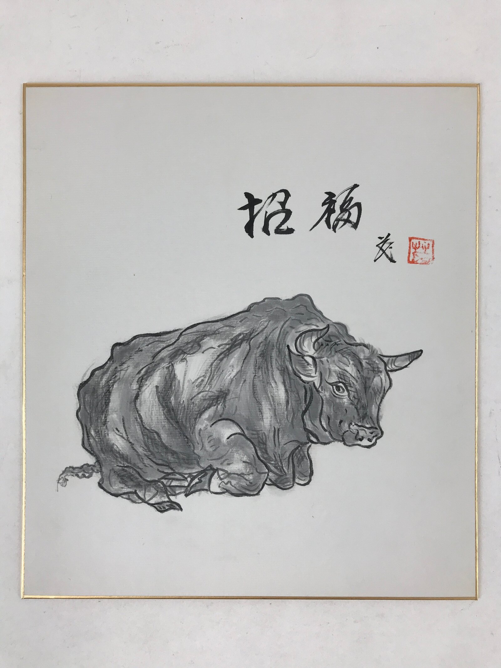 Japanese Shikishi Art Board Painting Ox Ushi Gray Monochrome Zodiac Animal A554