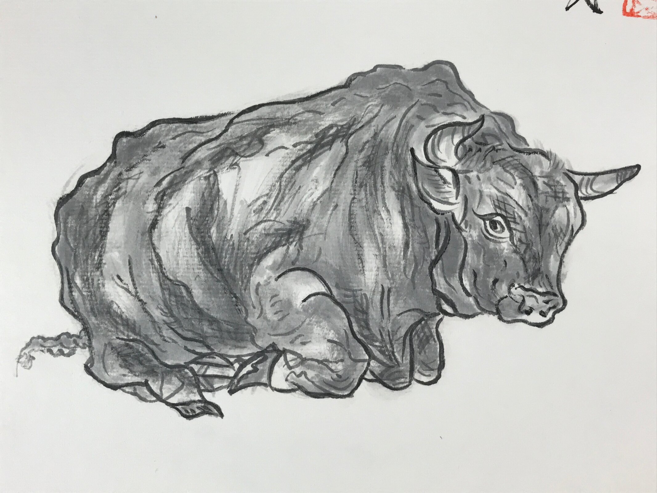 Japanese Shikishi Art Board Painting Ox Ushi Gray Monochrome Zodiac Animal A554