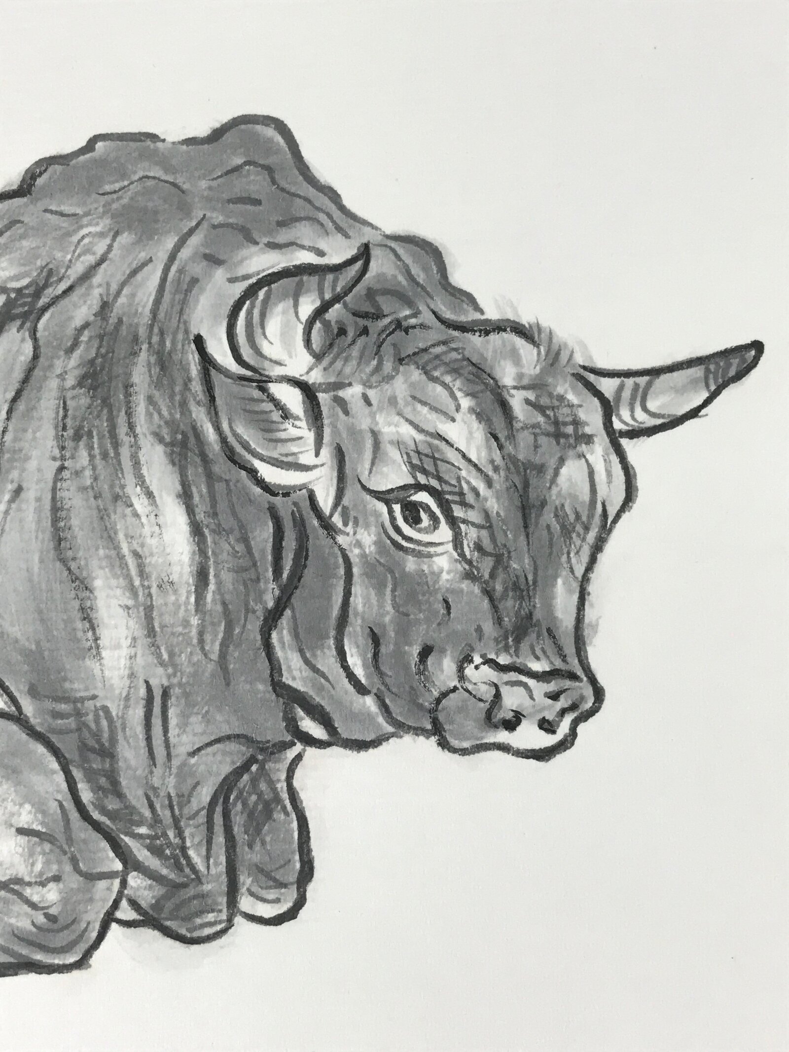 Japanese Shikishi Art Board Painting Ox Ushi Gray Monochrome Zodiac Animal A554