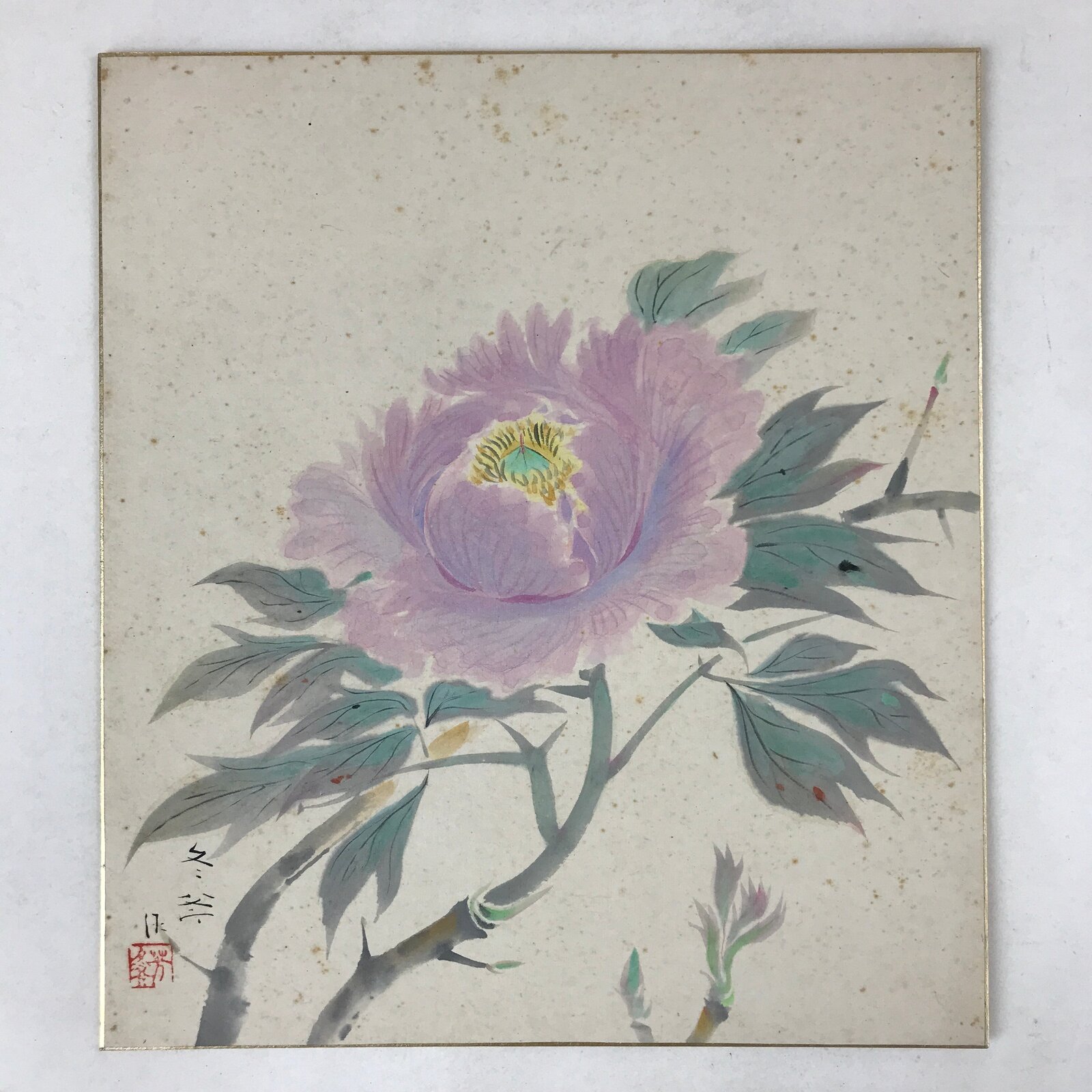 Japanese Shikishi Art Board Painting Purple Peony Pastel Green Flowers A598