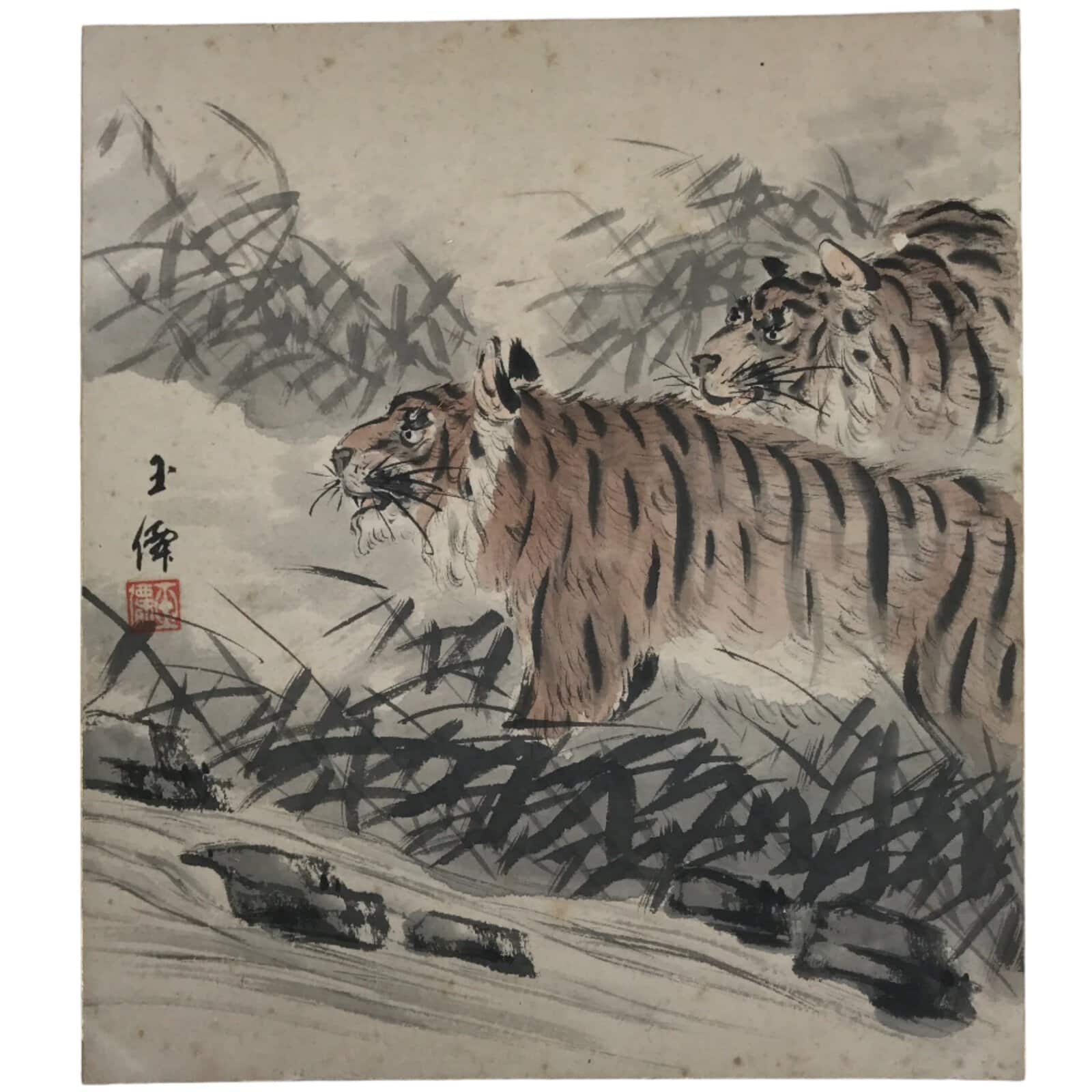 Japanese Shikishi Art Board Painting Vtg 2 Tigers Orange Black A704