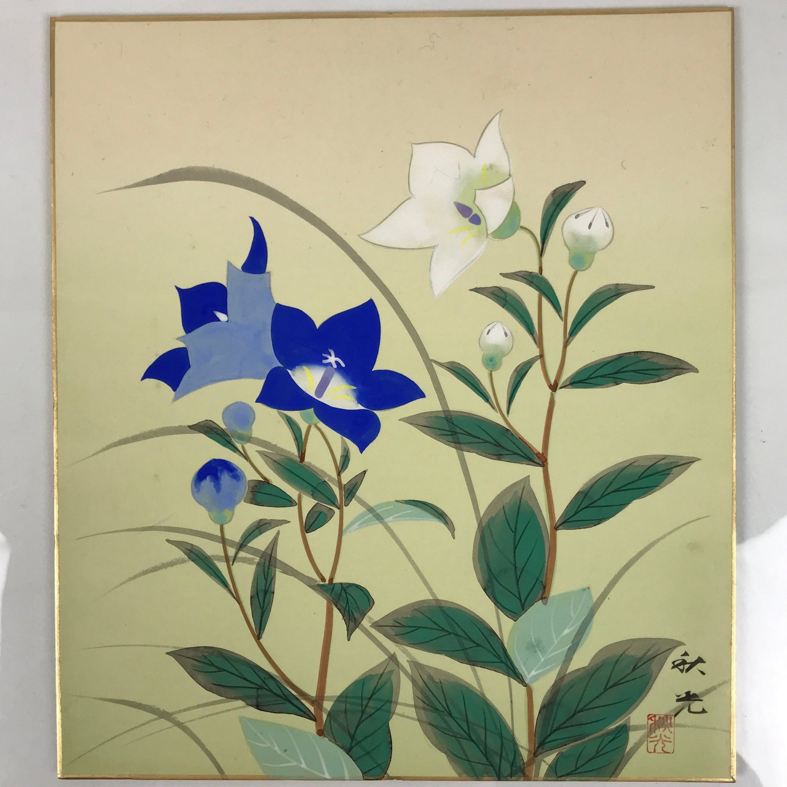Japanese Shikishi Art Board Painting Vtg Bell Flower Kikyo Blue White Green A819