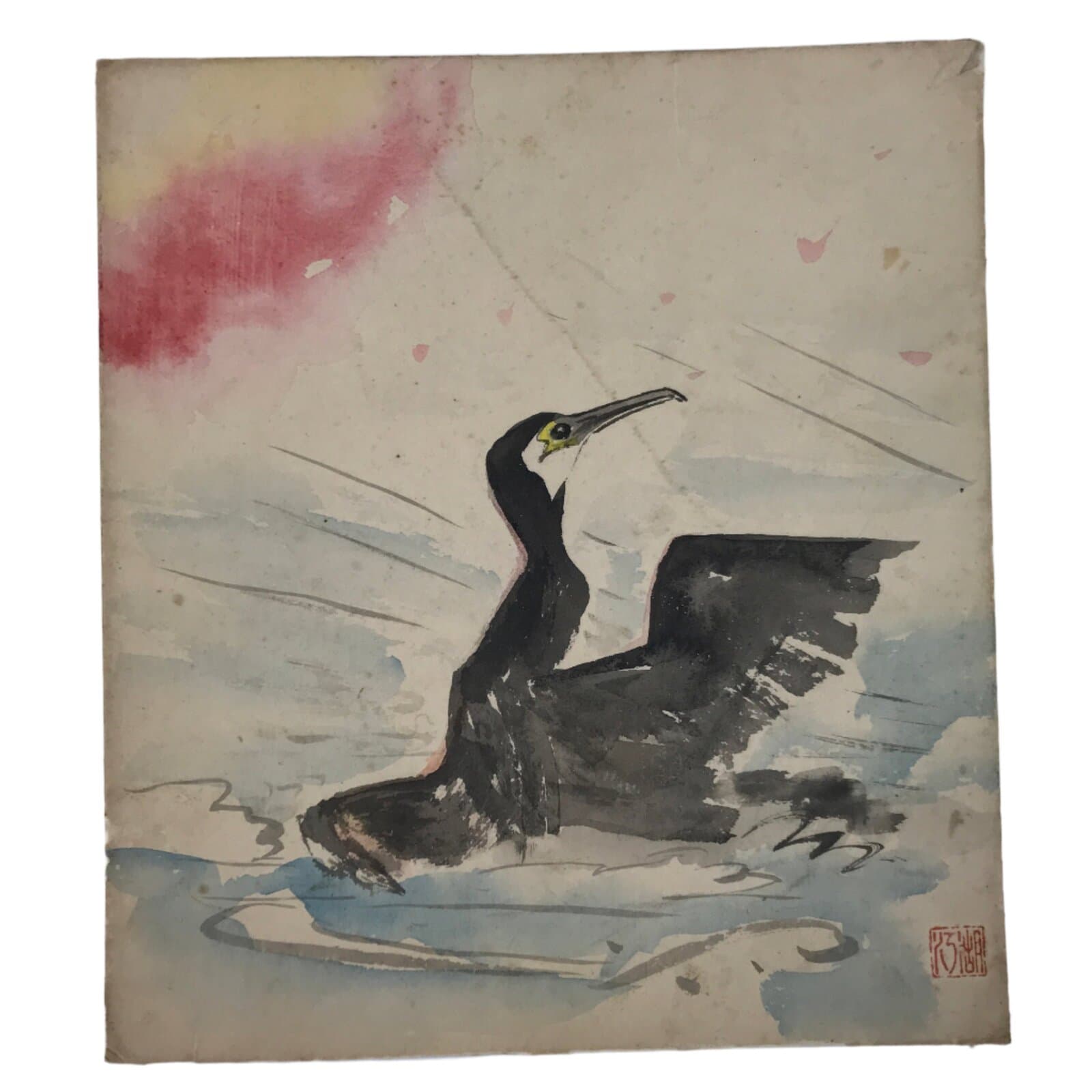 Japanese Shikishi Art Board Painting Vtg Black Bird Cormorant River Stream A686