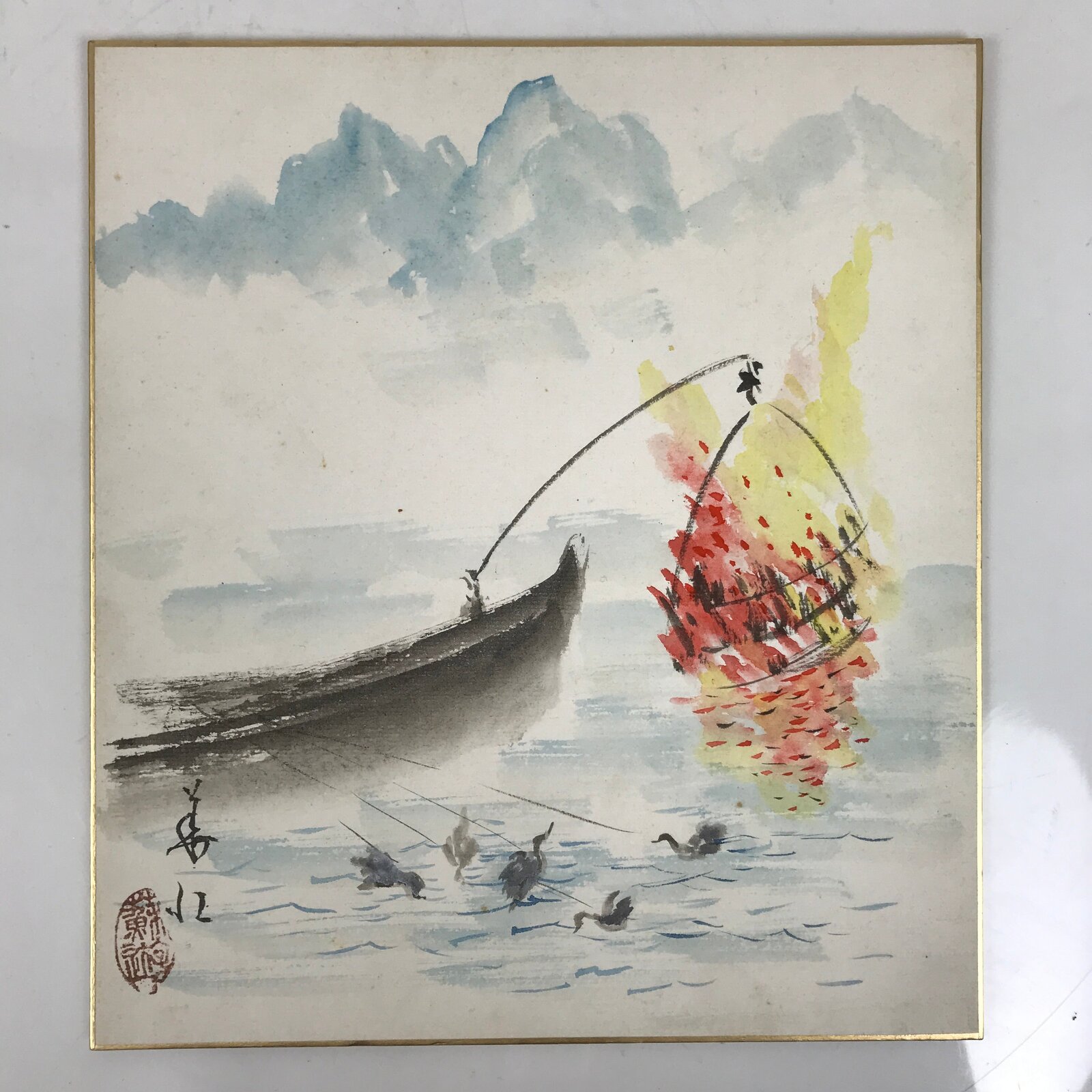Japanese Shikishi Art Board Painting Vtg Cormorant Fishing Nagaragawa Ukai A725