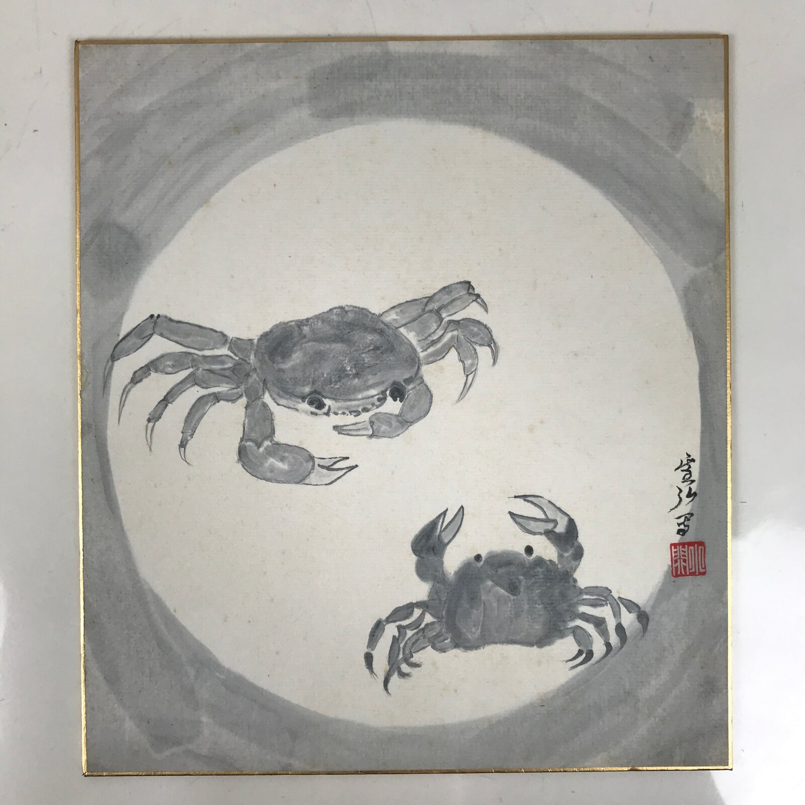 Japanese Shikishi Art Board Painting Vtg Crab Gray White Black Sumie Family A717