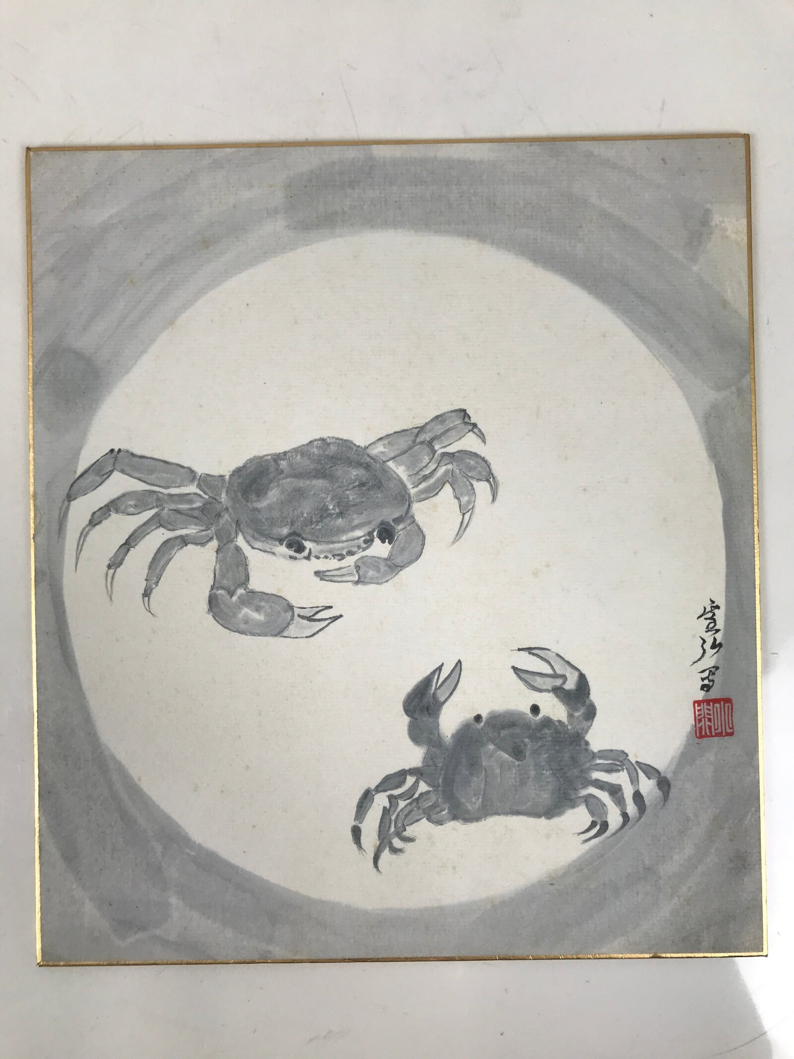 Japanese Shikishi Art Board Painting Vtg Crab Gray White Black Sumie Family A717