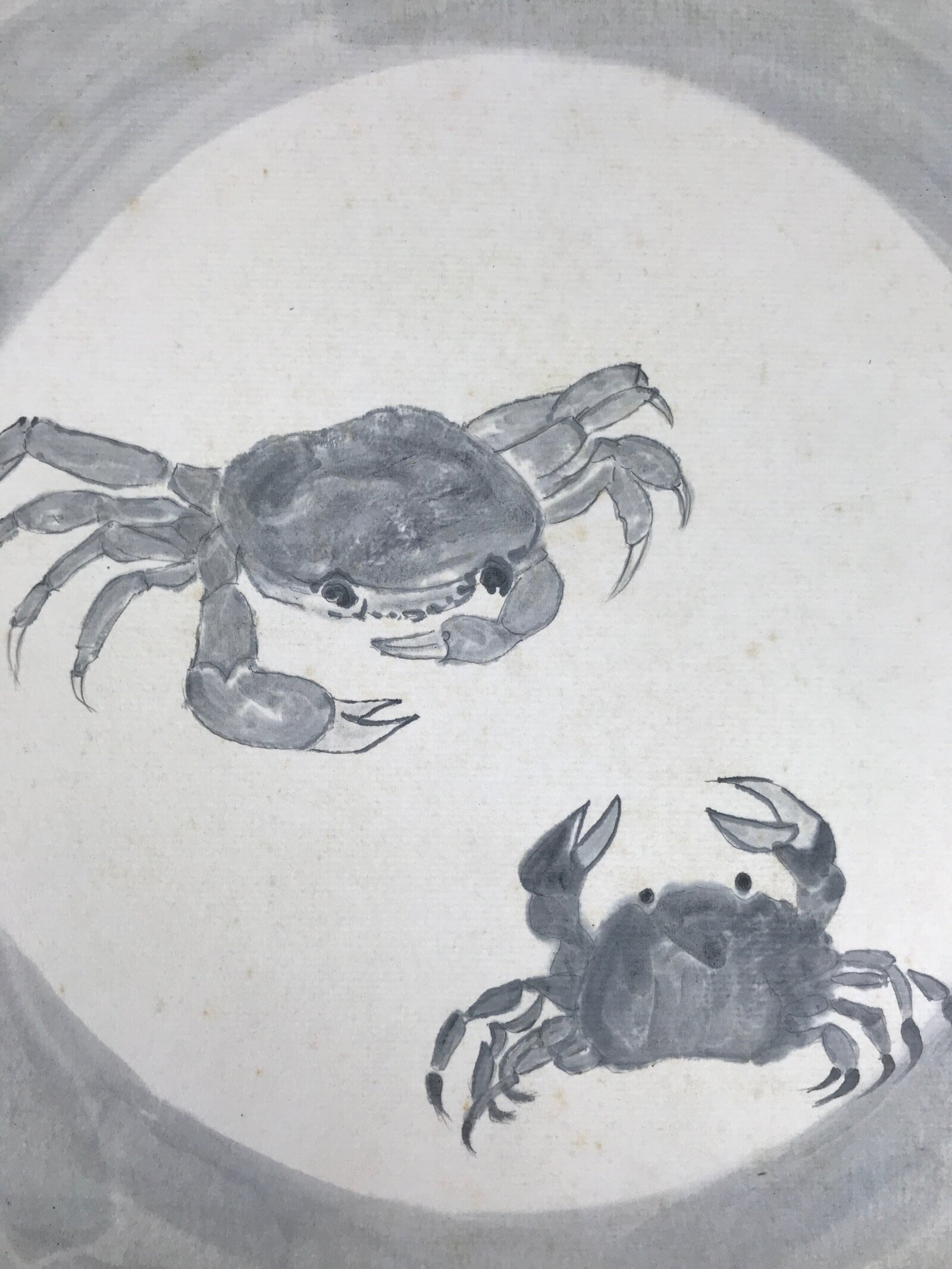 Japanese Shikishi Art Board Painting Vtg Crab Gray White Black Sumie Family A717