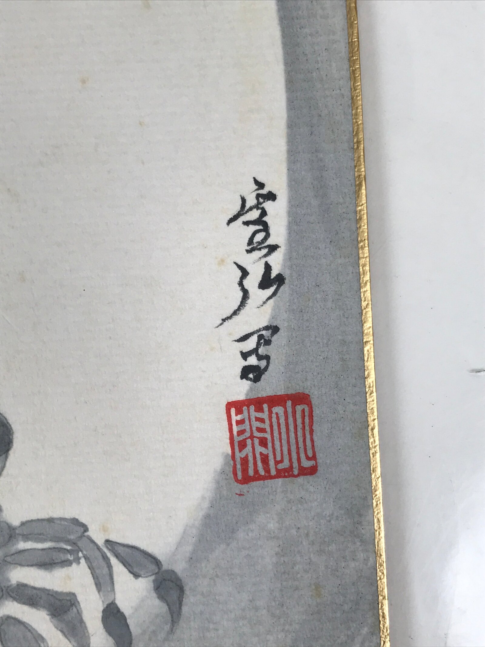 Japanese Shikishi Art Board Painting Vtg Crab Gray White Black Sumie Family A717