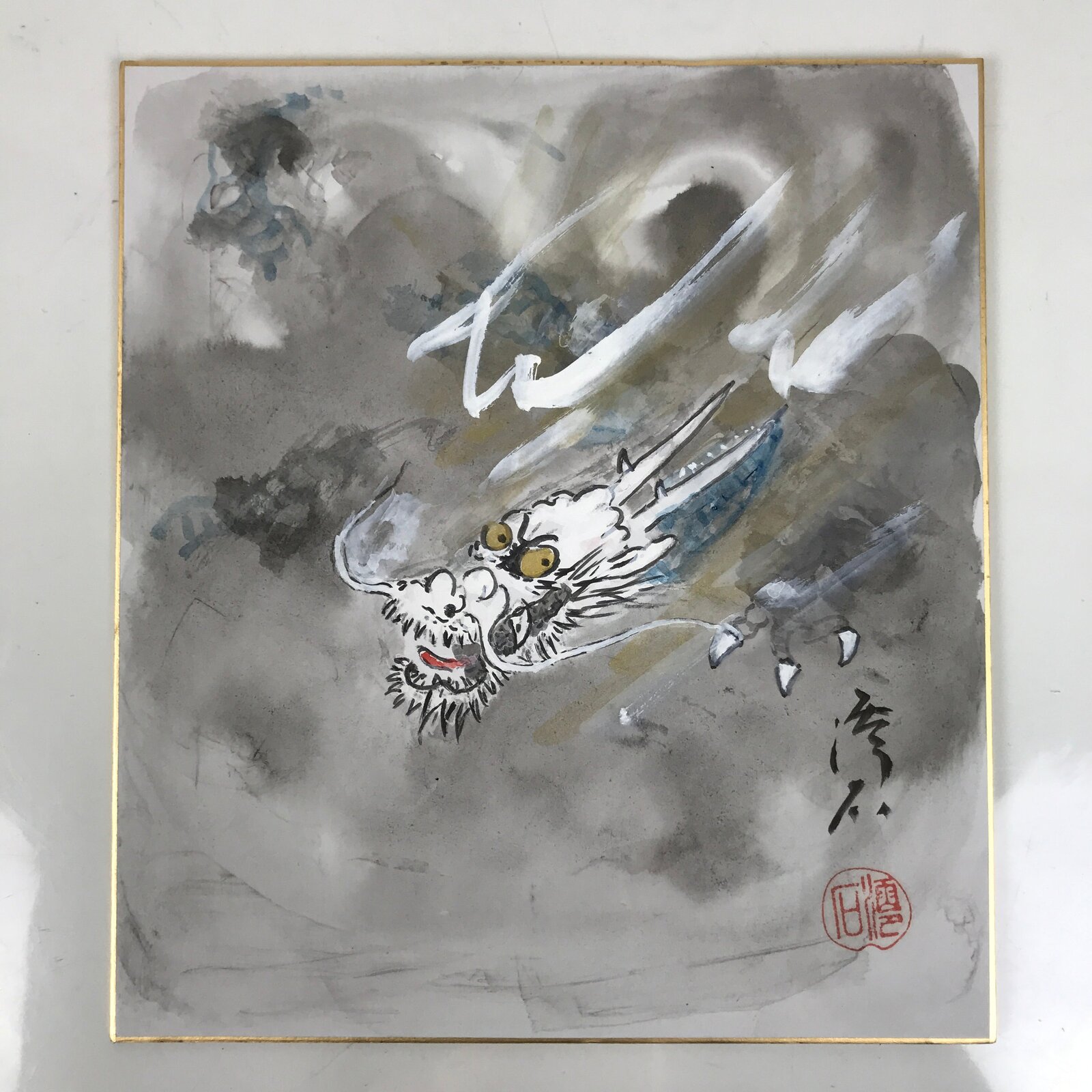 Japanese Shikishi Art Board Painting Vtg Dragon Head Zodiac Cloud Gray A715
