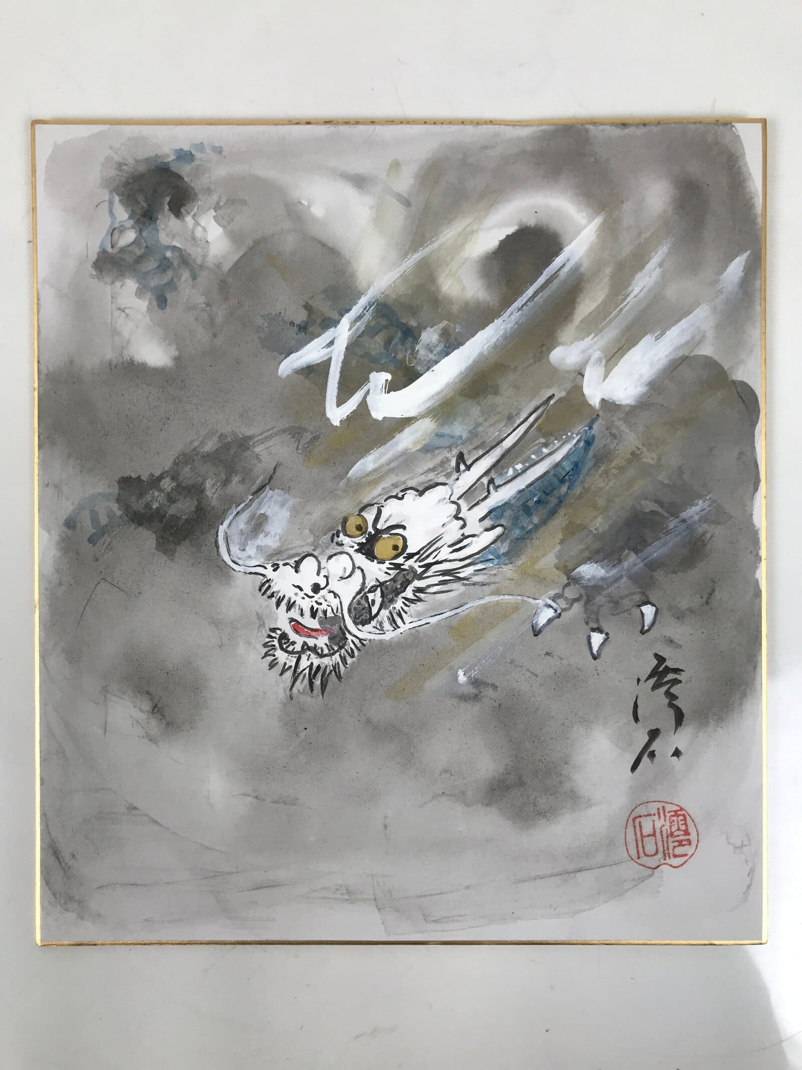 Japanese Shikishi Art Board Painting Vtg Dragon Head Zodiac Cloud Gray A715