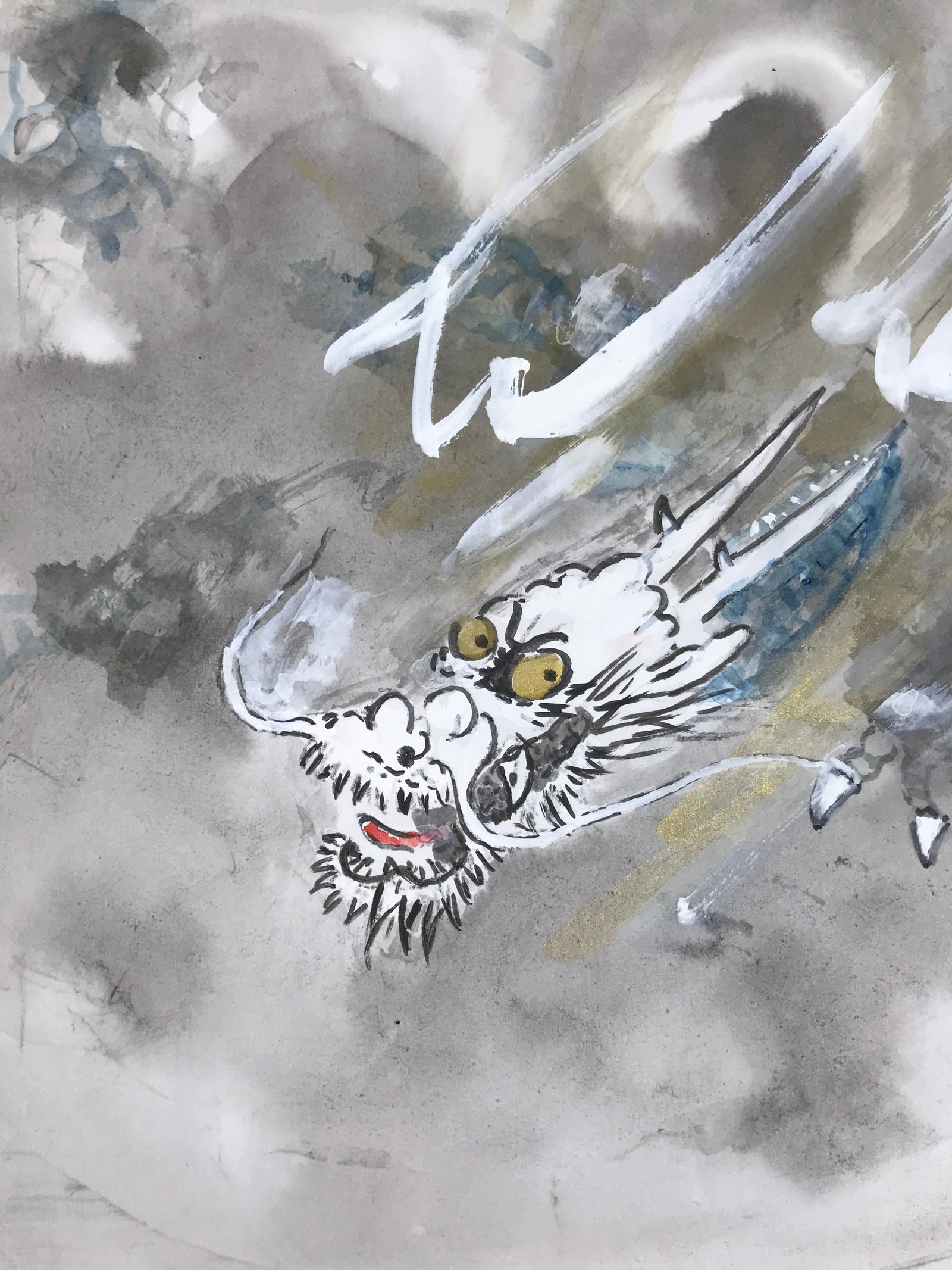 Japanese Shikishi Art Board Painting Vtg Dragon Head Zodiac Cloud Gray A715