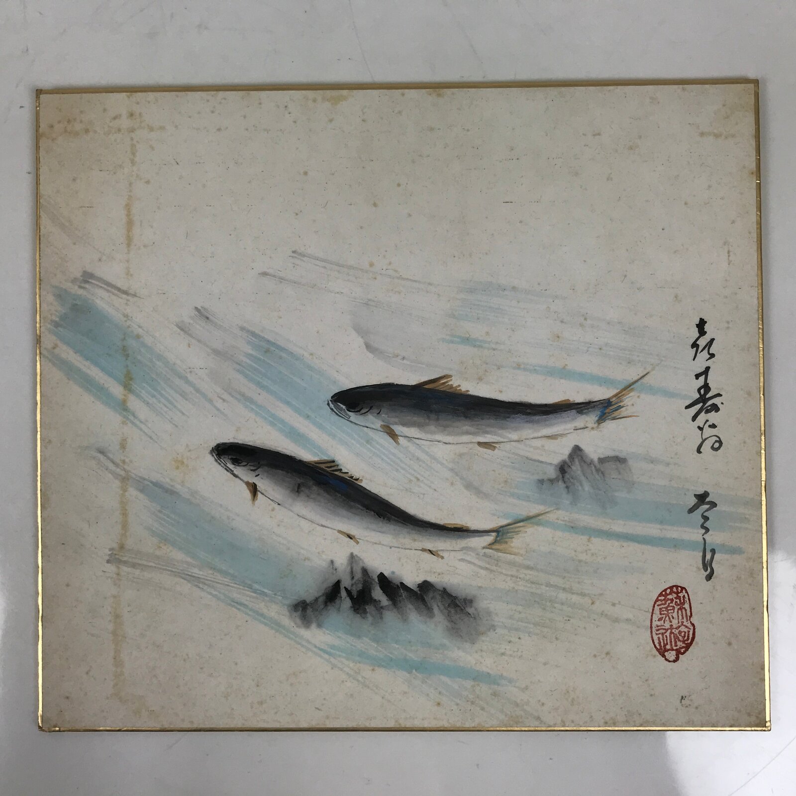 Japanese Shikishi Art Board Painting Vtg Fish Sweetfish Ayu River Stream A723