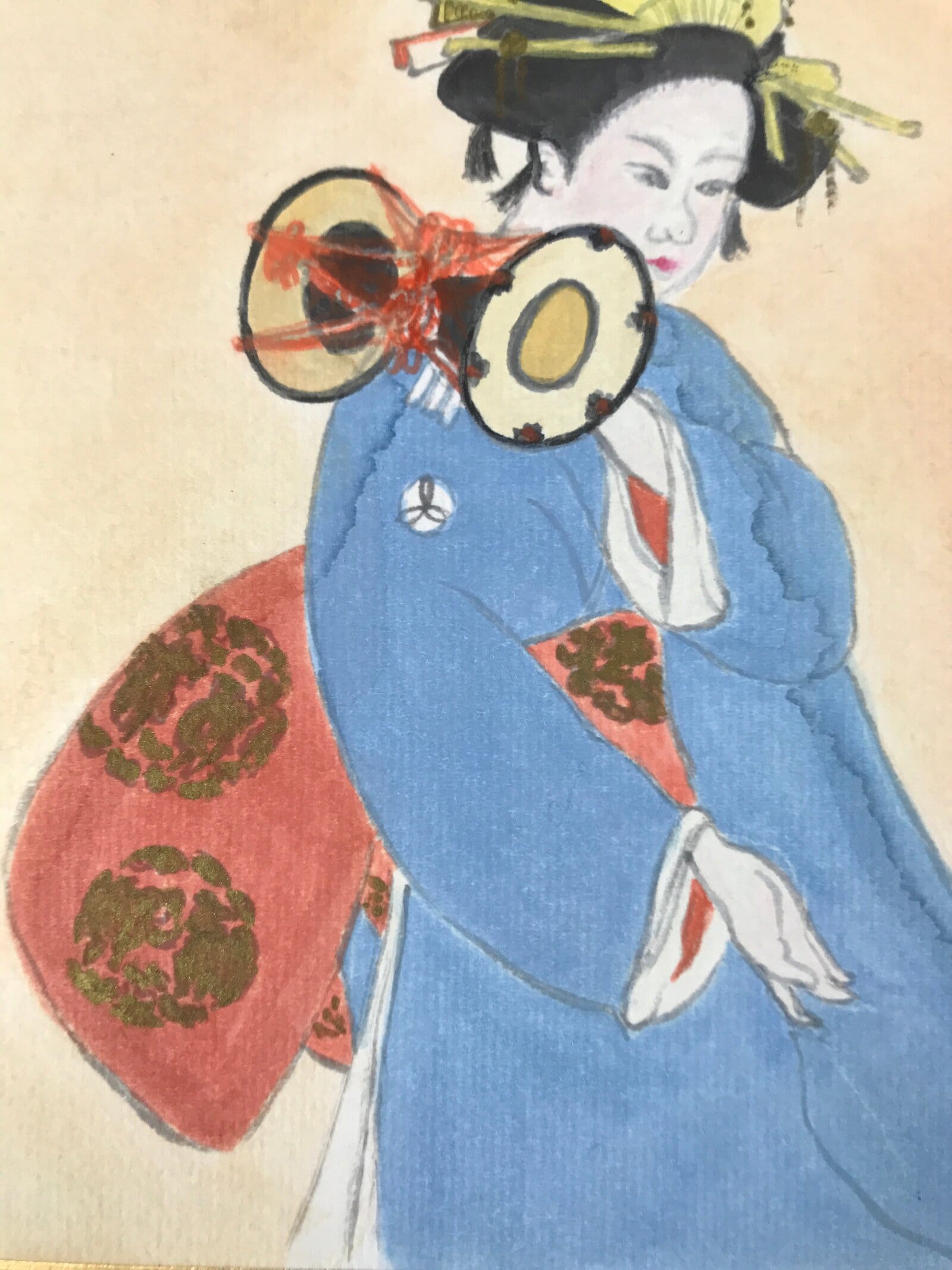 Japanese Shikishi Art Board Painting Vtg Geisha Geiko Drum Performance A653