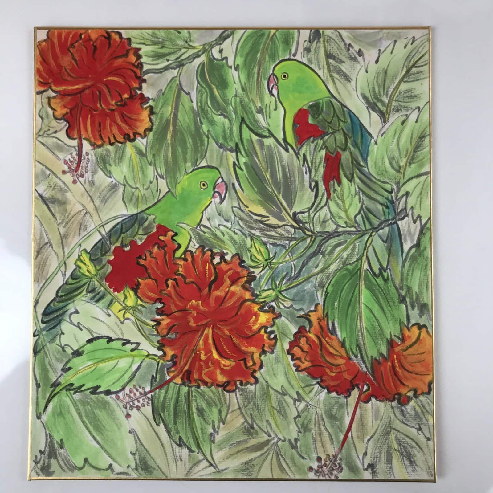 Japanese Shikishi Art Board Painting Vtg Green Parakeet Parrot Red Hibiscus A655