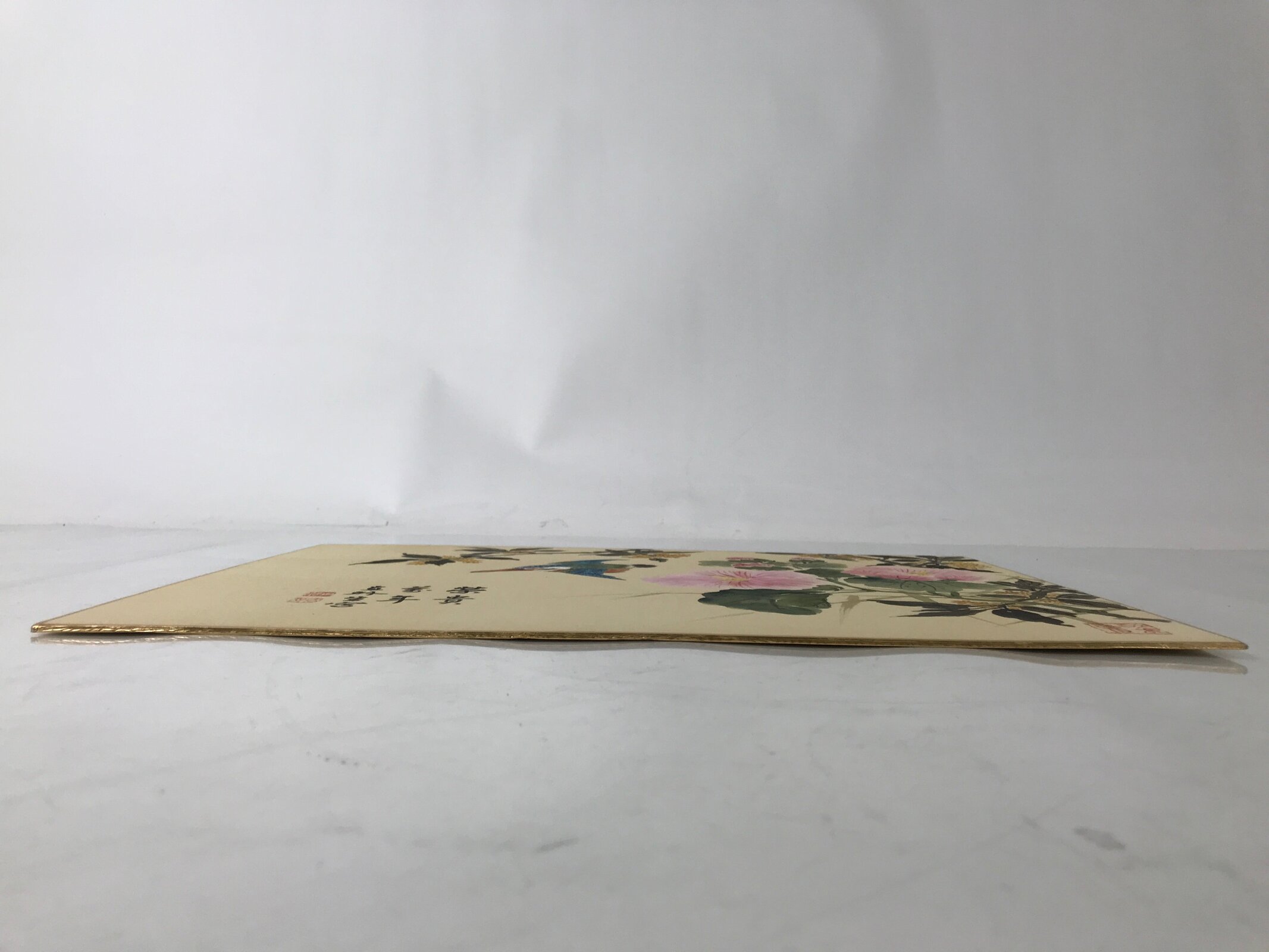 Japanese Shikishi Art Board Painting Vtg Kingfisher Bird Flowers Pink FL380