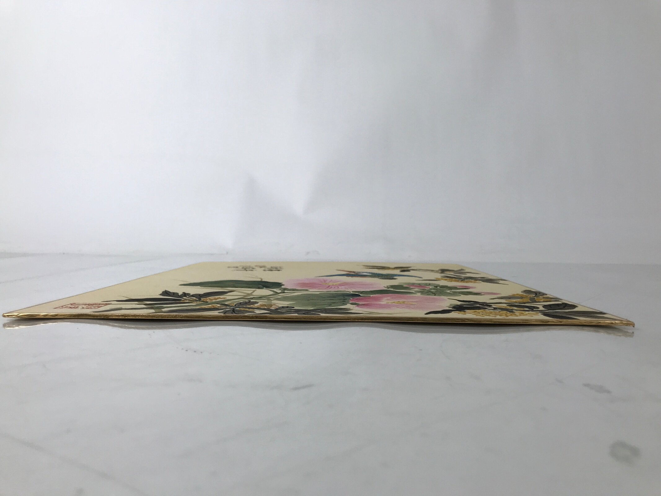 Japanese Shikishi Art Board Painting Vtg Kingfisher Bird Flowers Pink FL380