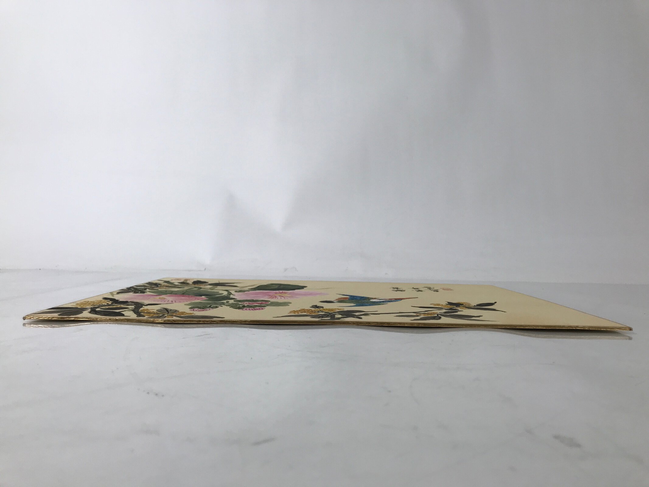 Japanese Shikishi Art Board Painting Vtg Kingfisher Bird Flowers Pink FL380