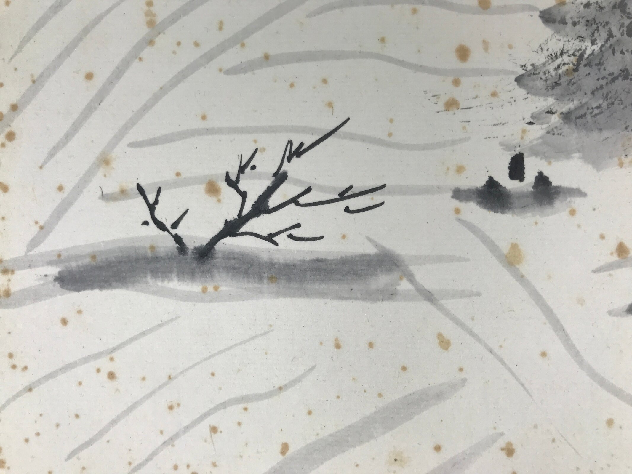 Japanese Shikishi Art Board Painting Vtg Landscape Mountains Houses Black A756