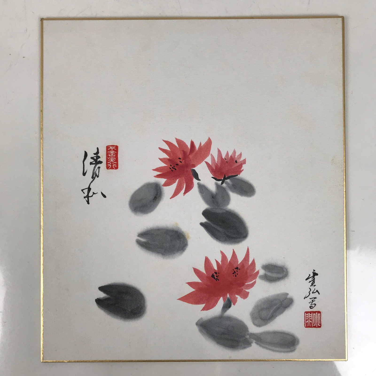 Japanese Shikishi Art Board Painting Vtg Lotus Flower Red Leaf Black Blank A716