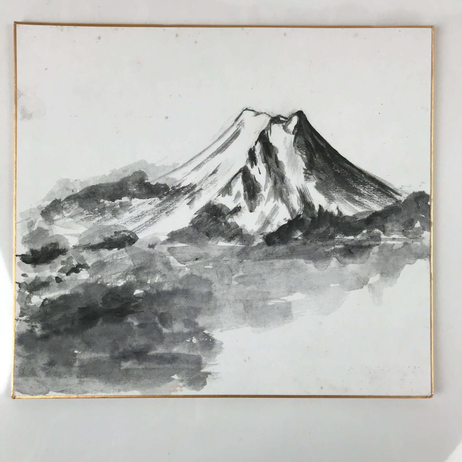 Japanese Shikishi Art Board Painting Vtg Mt. Fuji Landscape Black White A654