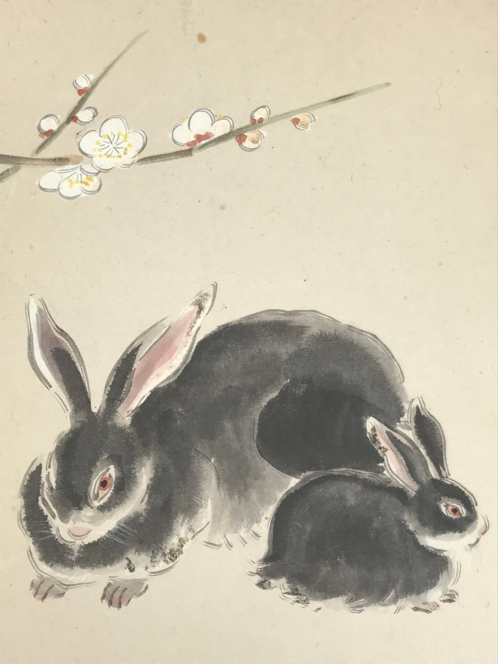 Japanese Shikishi Art Board Painting Vtg Rabbit Eto Zodiac Plum Flower A689