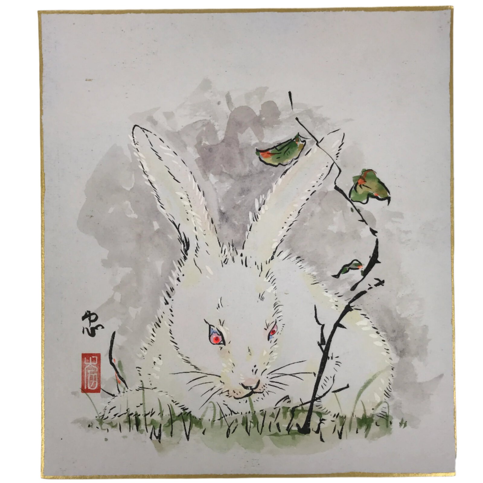 Japanese Shikishi Art Board Painting Vtg Rabbit Eto Zodiac White Red A697