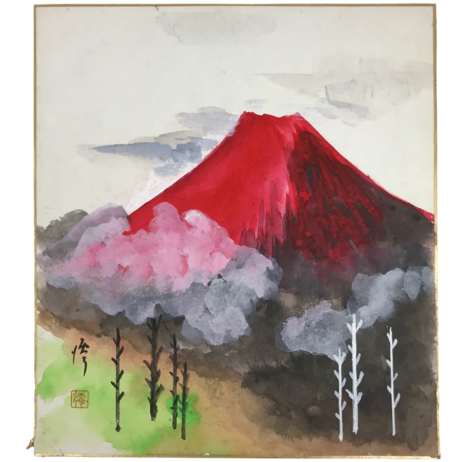 Japanese Shikishi Art Board Painting Vtg Red Fuji Mountain Trees A702