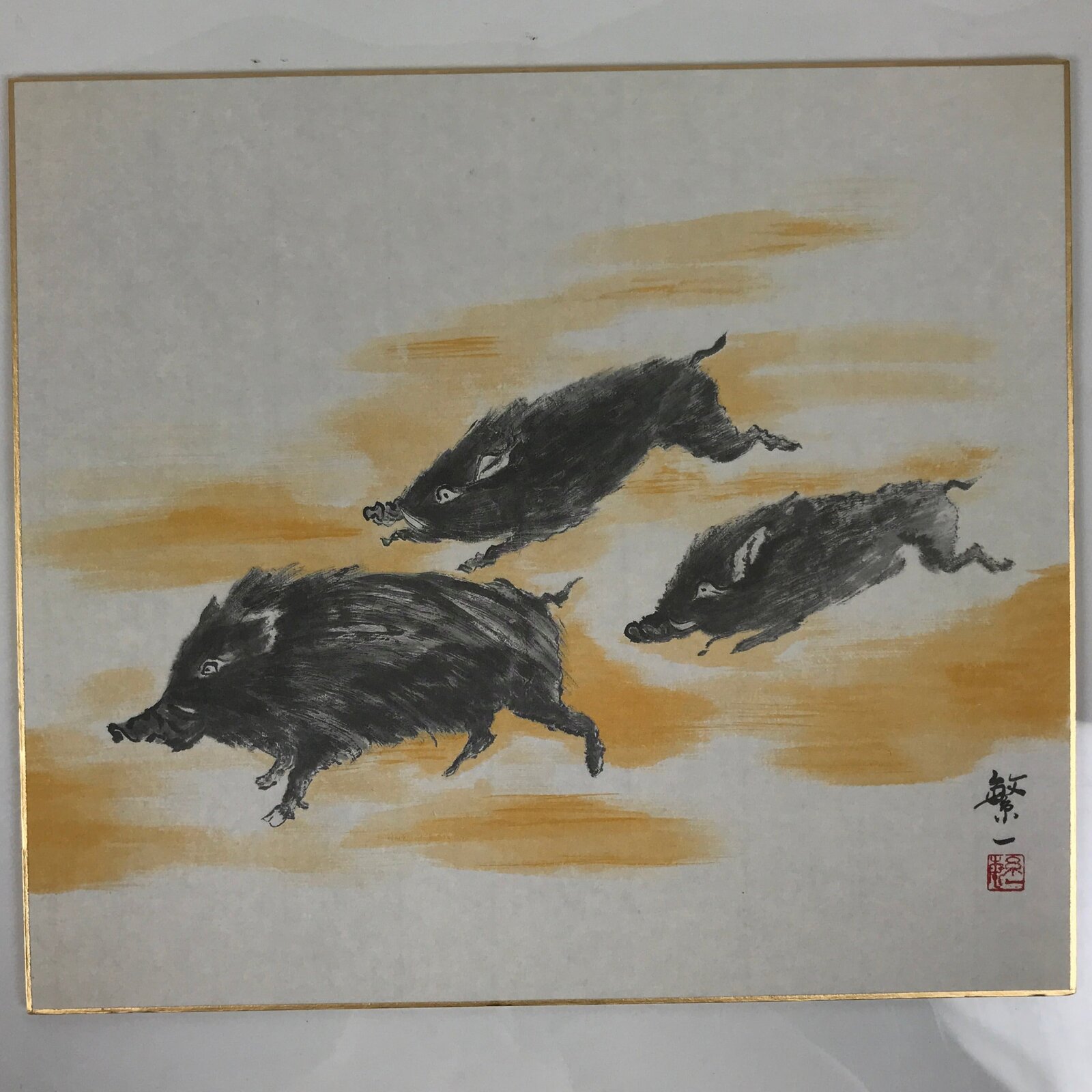 Japanese Shikishi Art Board Reproduction 3 Boars Zodiac Animal Color A804