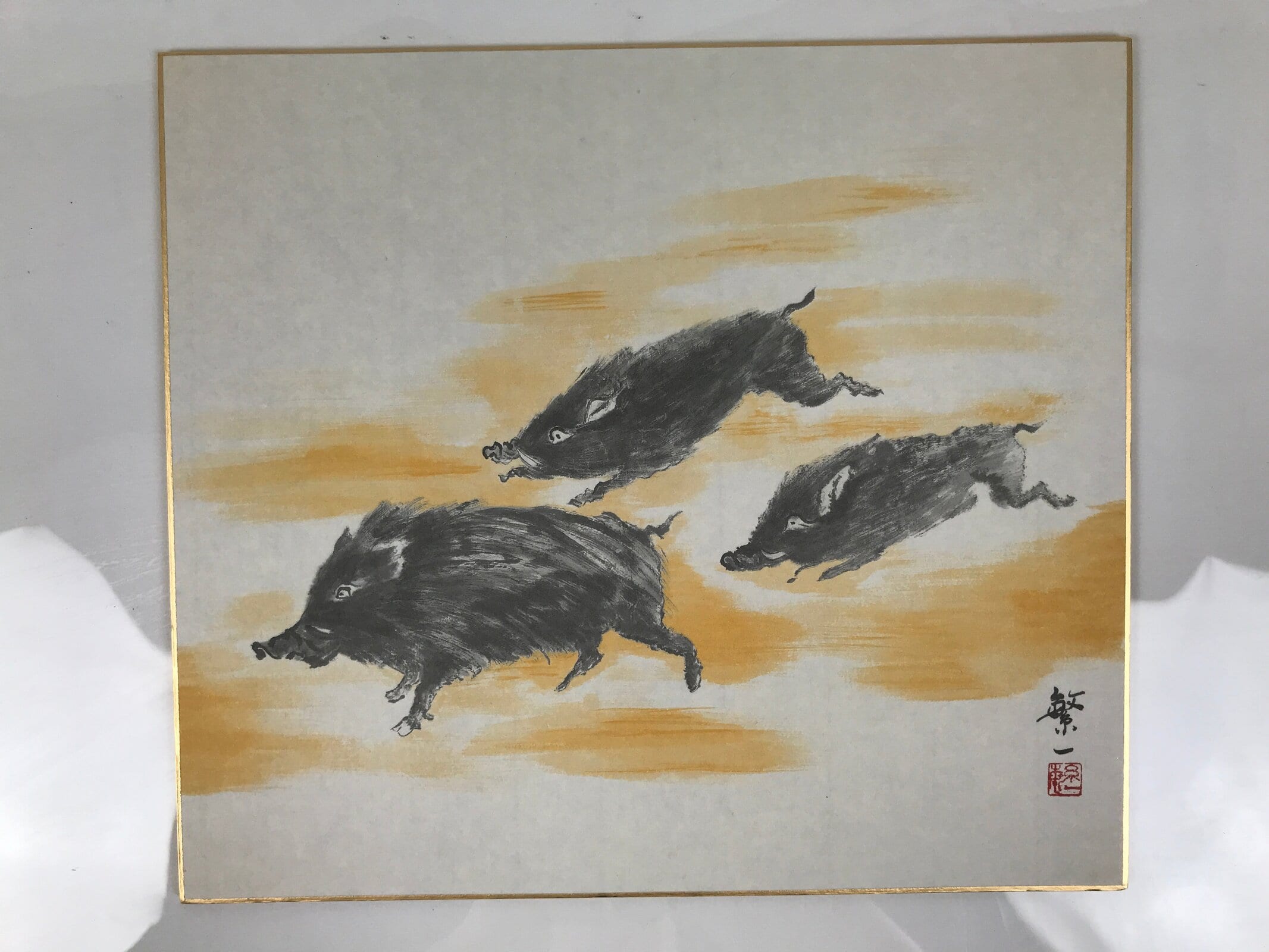 Japanese Shikishi Art Board Reproduction 3 Boars Zodiac Animal Color A804