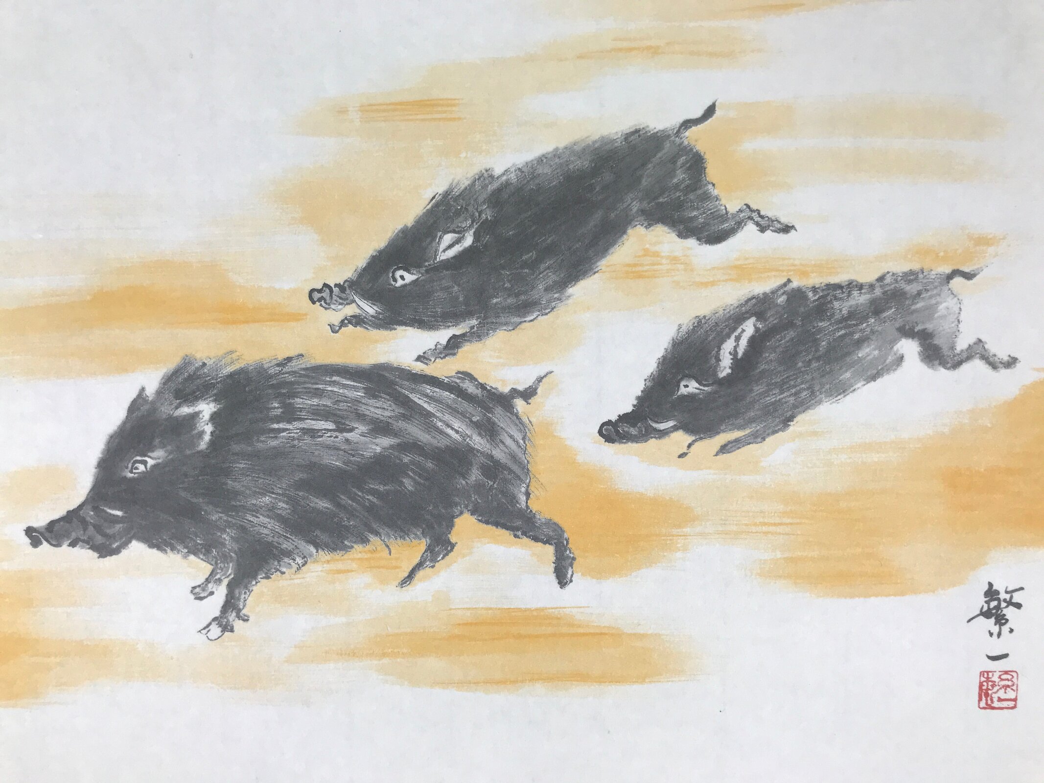 Japanese Shikishi Art Board Reproduction 3 Boars Zodiac Animal Color A804