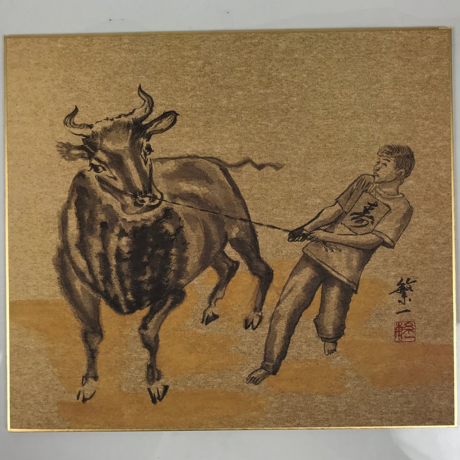 Japanese Shikishi Art Board Reproduction Boy Pulling Cow Zodiac Animal A810