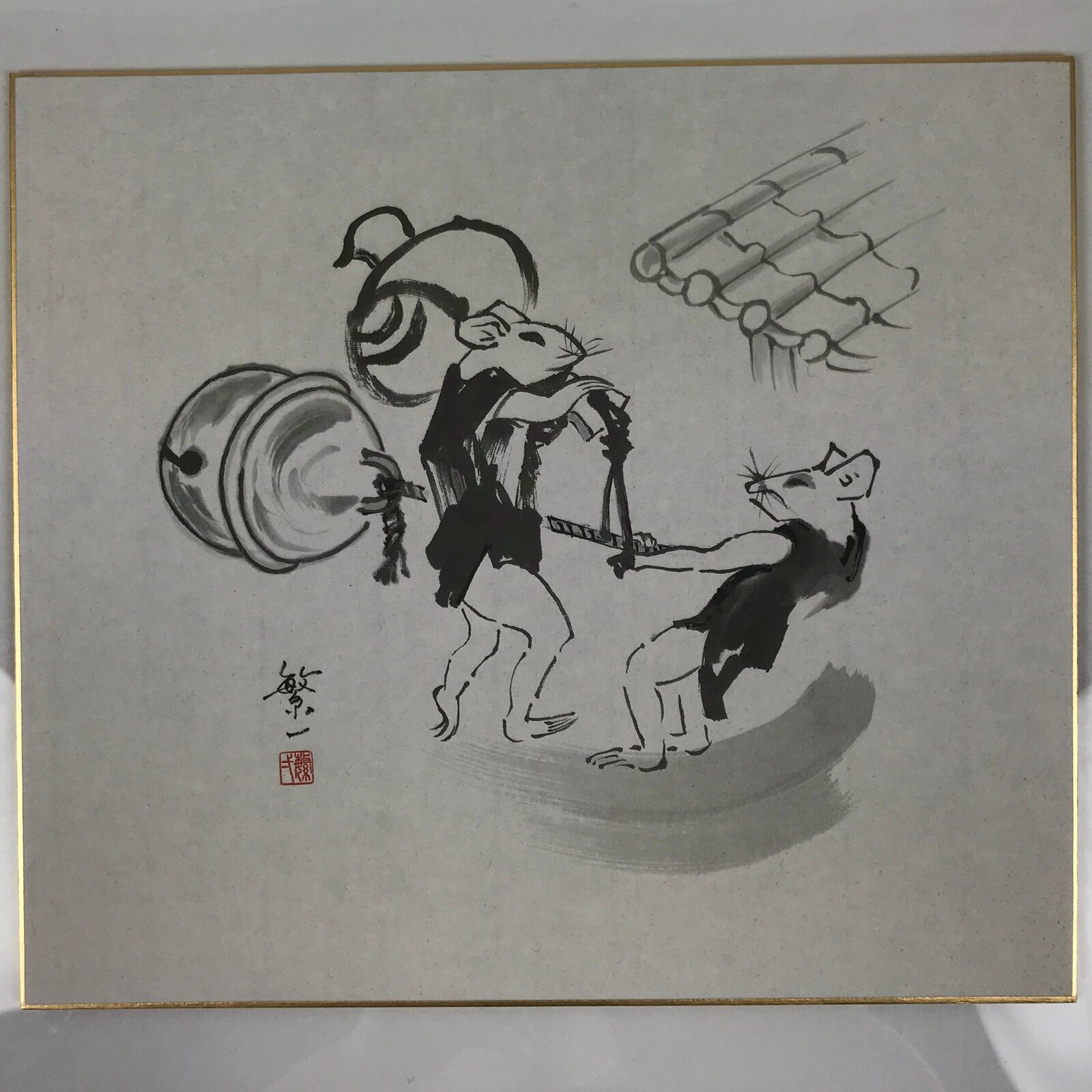 Japanese Shikishi Art Board Reproduction Mouse Kimono Bell Mallet Black A812