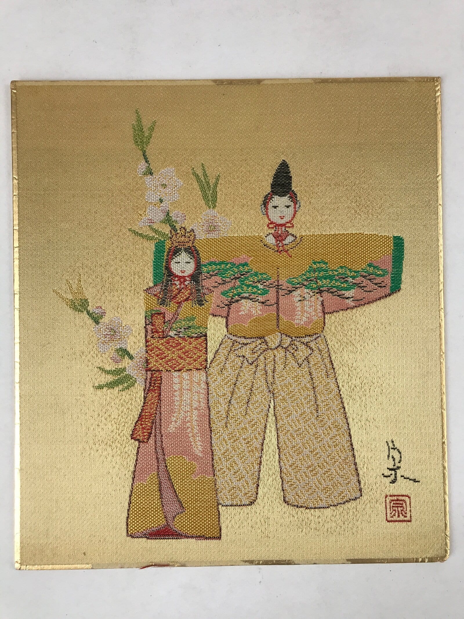 Japanese Shikishi Art Board Reproduction Nishijin Ori Tachibina Hina Dolls A584