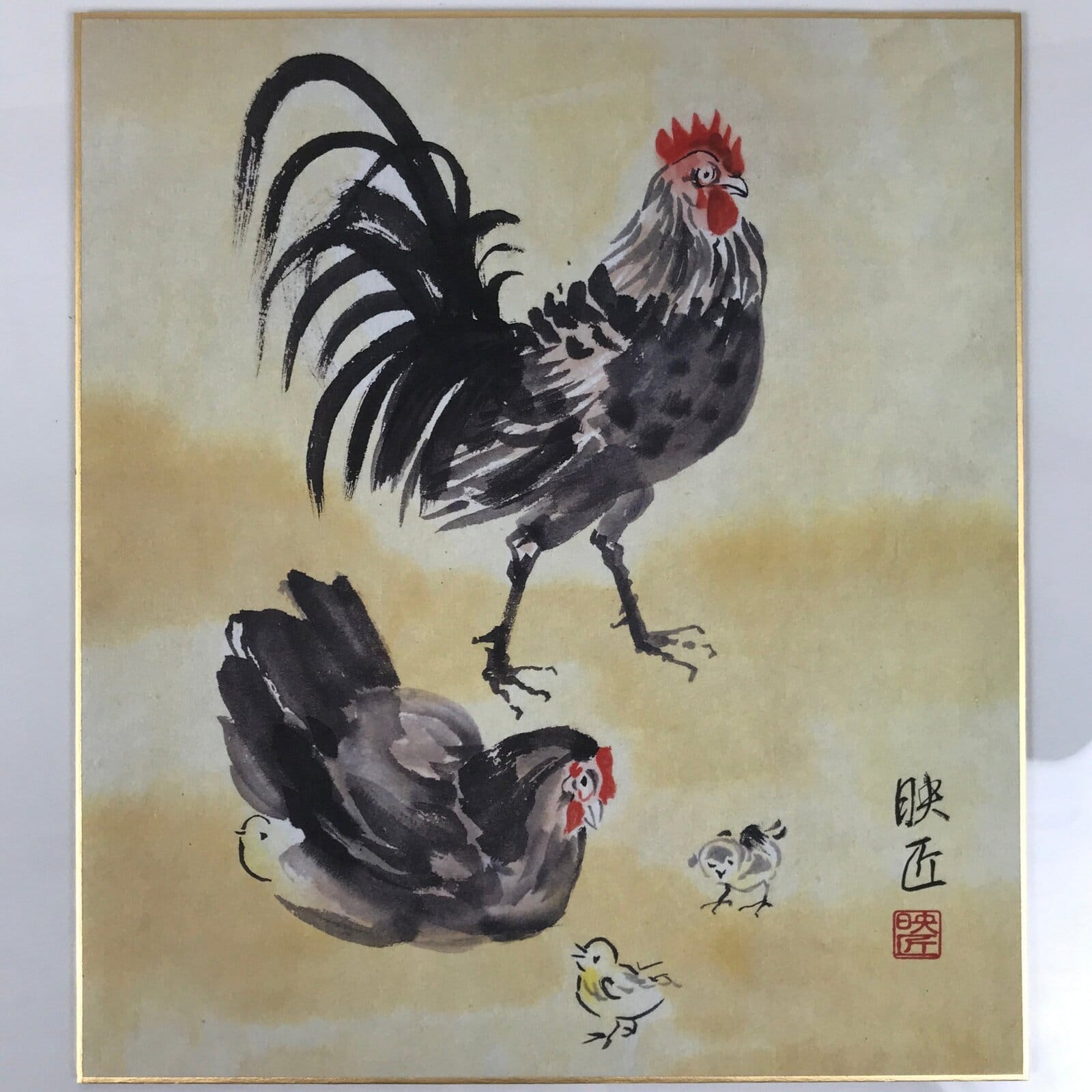Japanese Shikishi Art Board Reproduction Rooster Chicken Family Zodiac A817