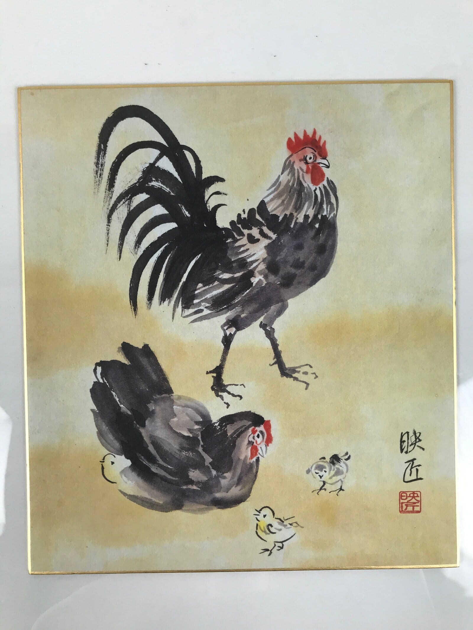 Japanese Shikishi Art Board Reproduction Rooster Chicken Family Zodiac A818