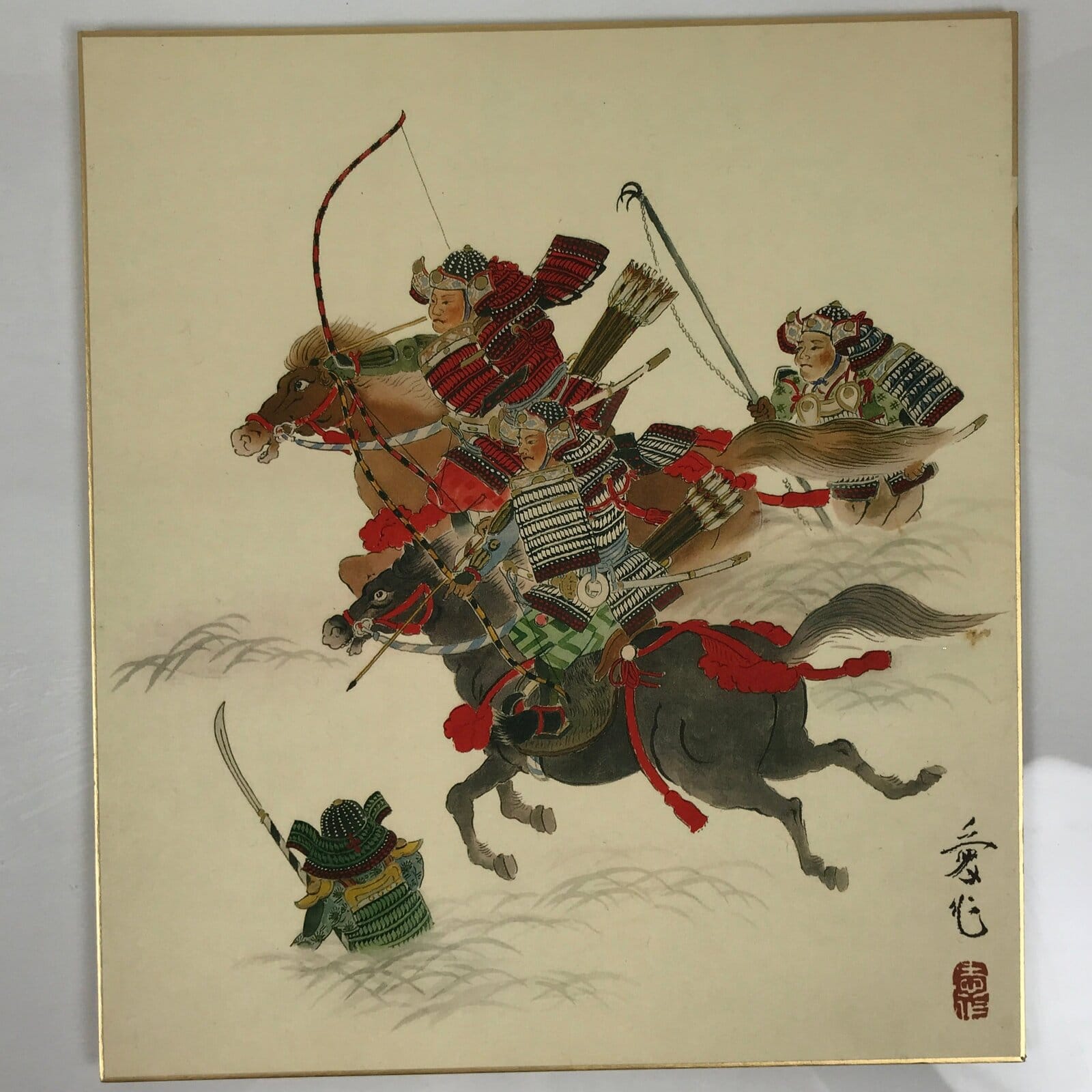 Japanese Shikishi Art Board Reproduction Samurai Horse Riding Archery Color A758