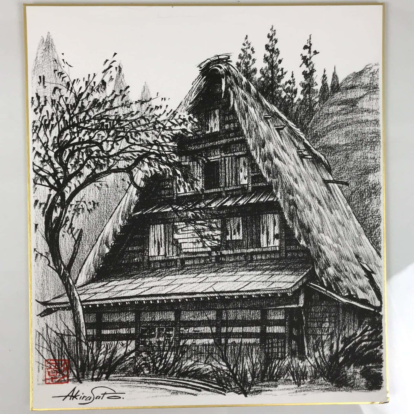Japanese Shikishi Art Board Reproduction Shirakawa Village House Sketch A809
