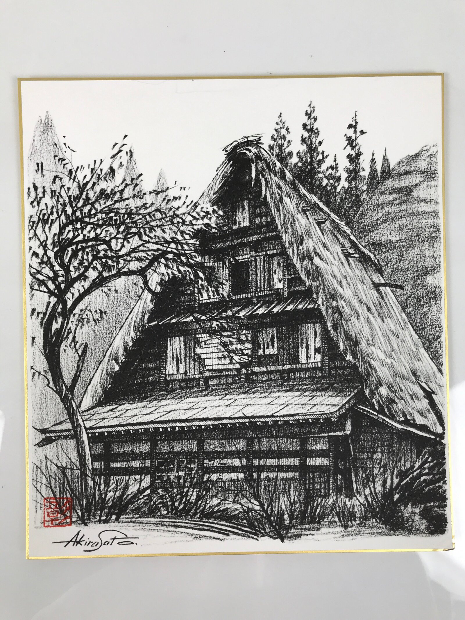 Japanese Shikishi Art Board Reproduction Shirakawa Village House Sketch A809