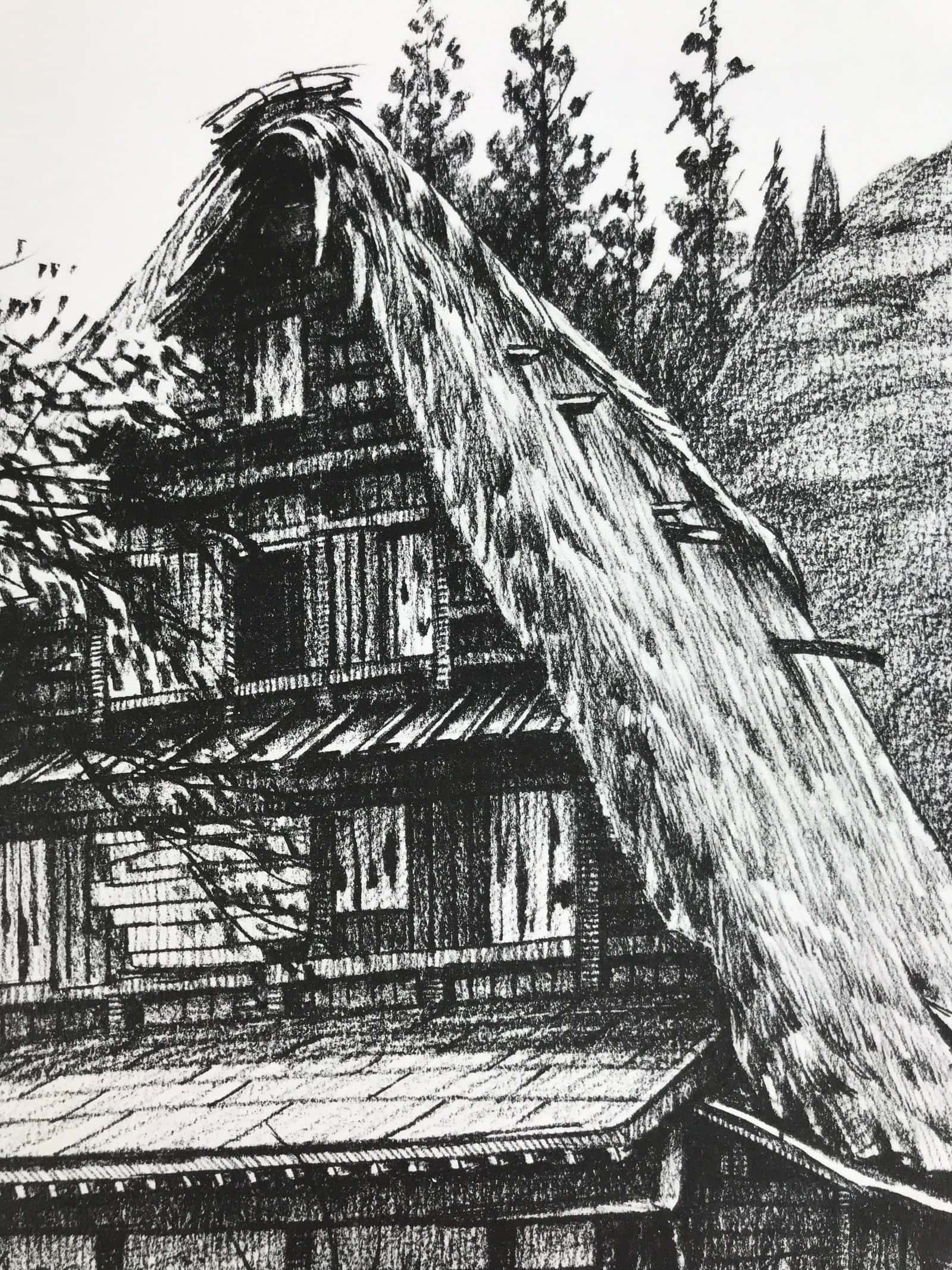 Japanese Shikishi Art Board Reproduction Shirakawa Village House Sketch A809