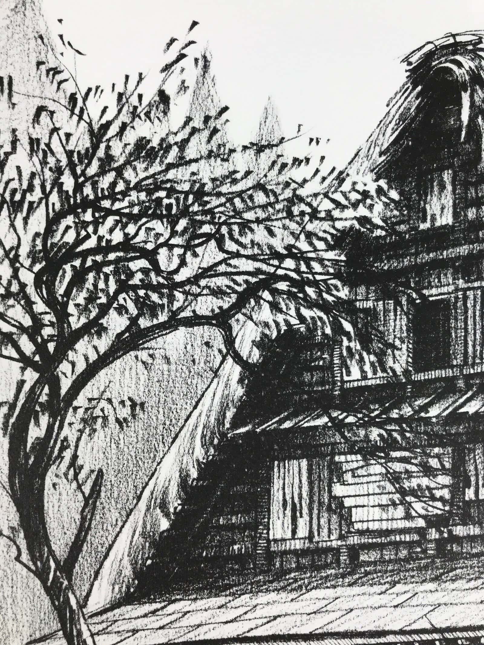 Japanese Shikishi Art Board Reproduction Shirakawa Village House Sketch A809