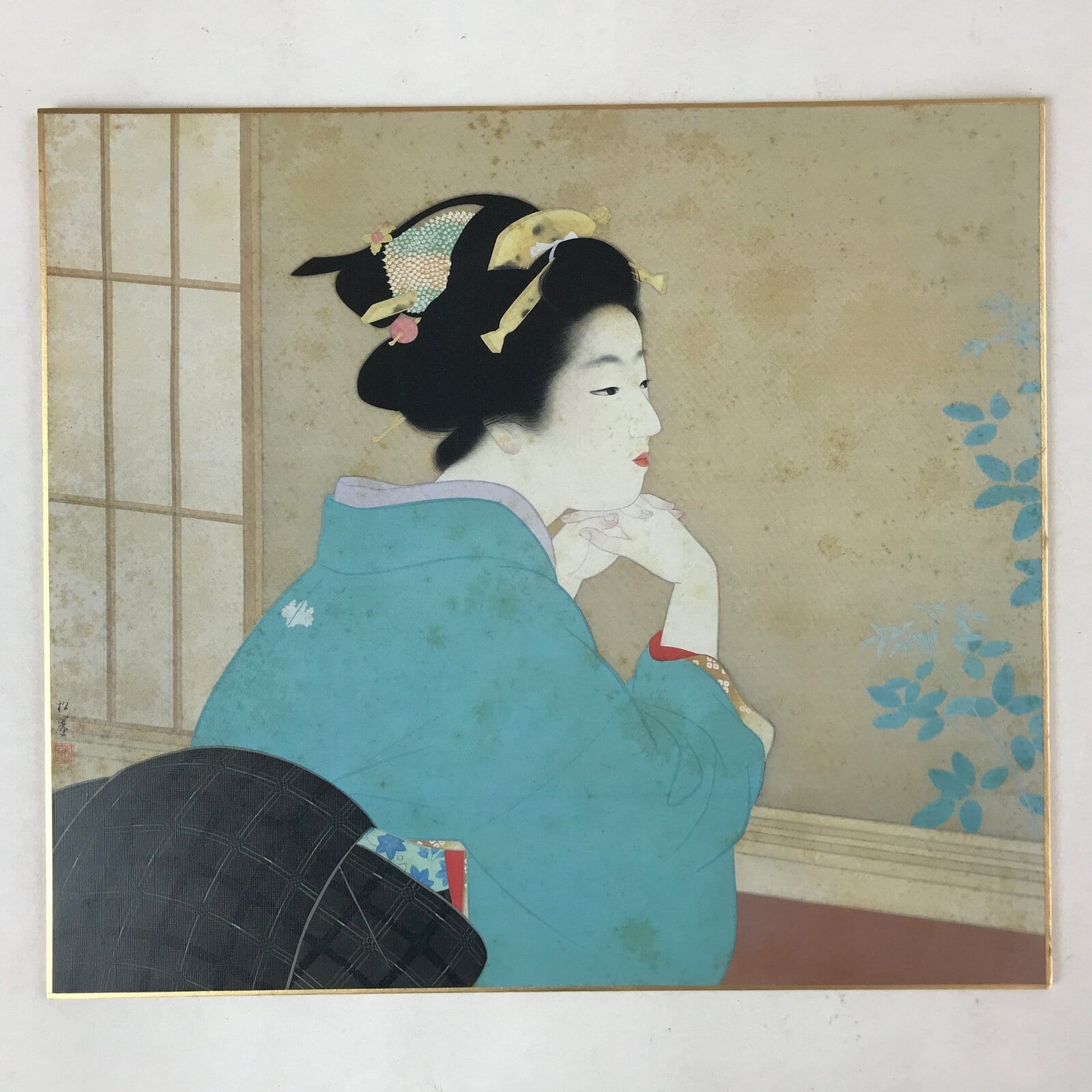 Japanese Shikishi Art Board Reproduction Shoen Uemura Wakaba Lady Window A585