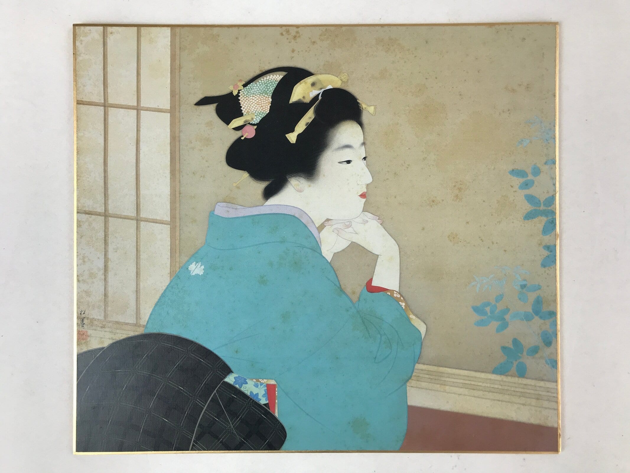 Japanese Shikishi Art Board Reproduction Shoen Uemura Wakaba Lady Window A585