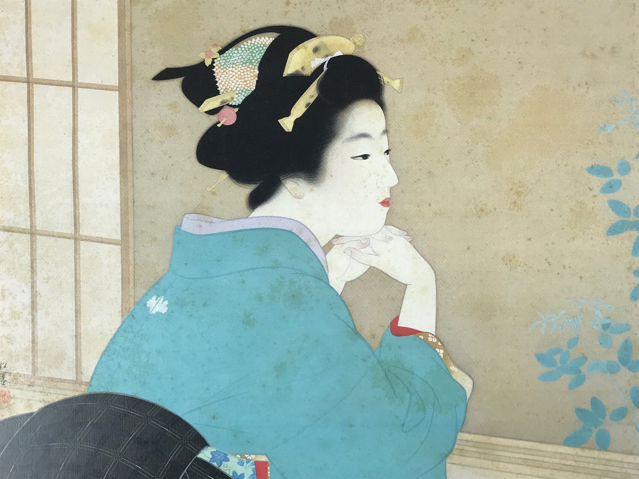 Japanese Shikishi Art Board Reproduction Shoen Uemura Wakaba Lady Window A585