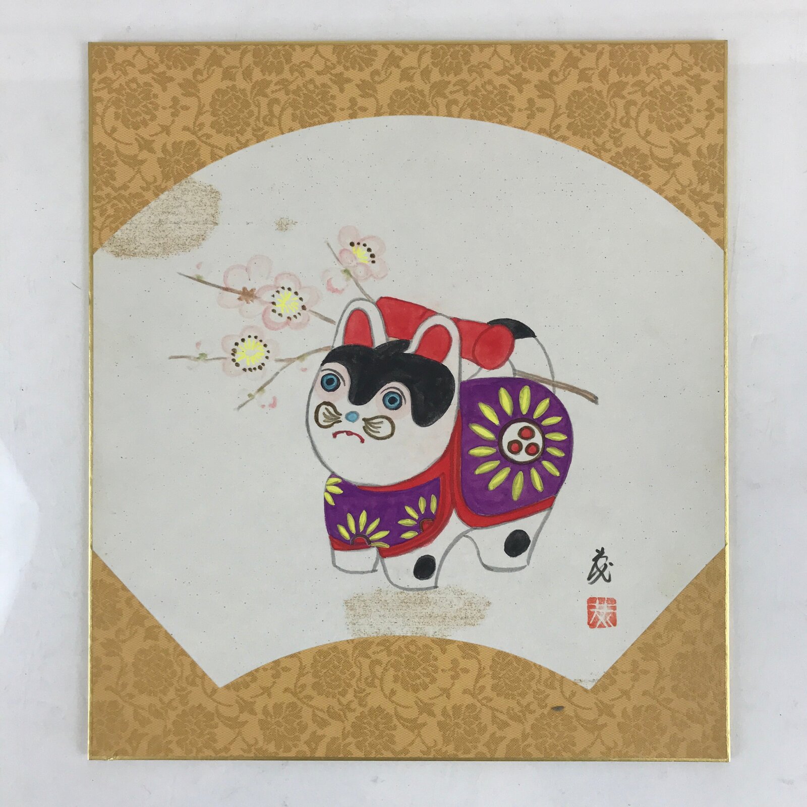 Japanese Shikishi Art Board Vtg Art Painting Nihonga Picture Display Cat Clay Be