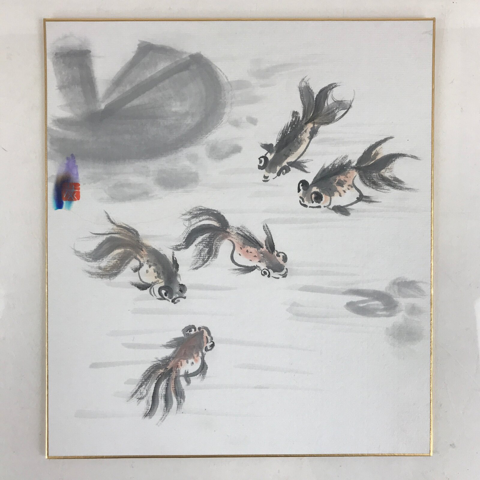 Japanese Shikishi Art Board Vtg Art Painting Nihonga Picture Display Goldfish A5