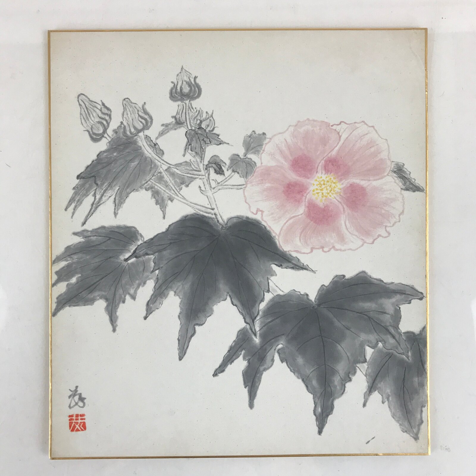 Japanese Shikishi Art Board Vtg Art Painting Nihonga Picture Display Hibiscus A5