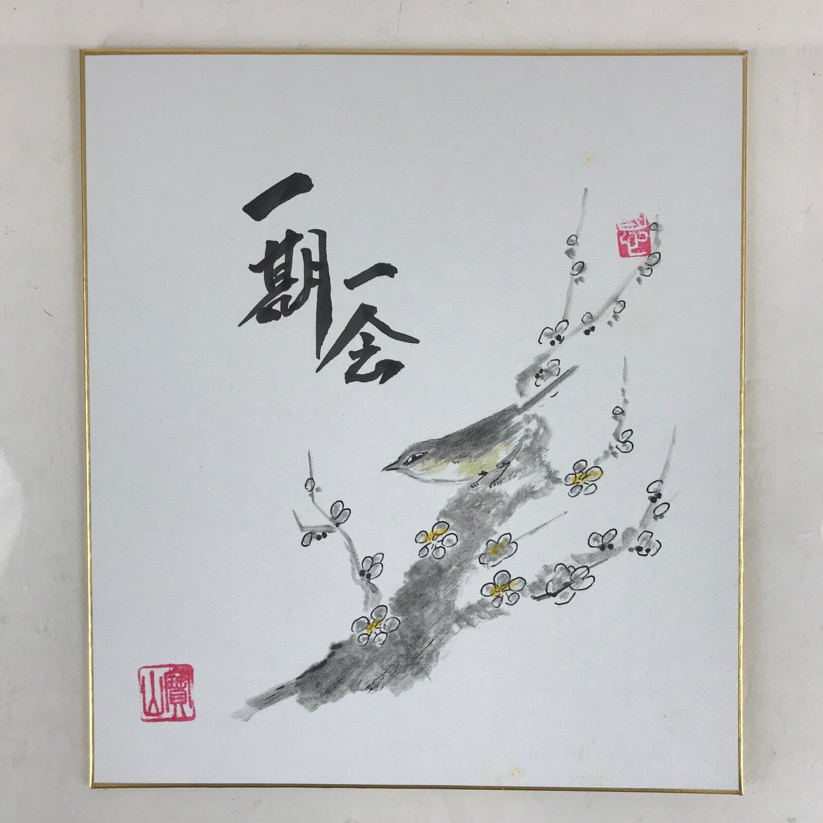 Japanese Shikishi Art Board Vtg Art Painting Nihonga Picture Display Little Bird