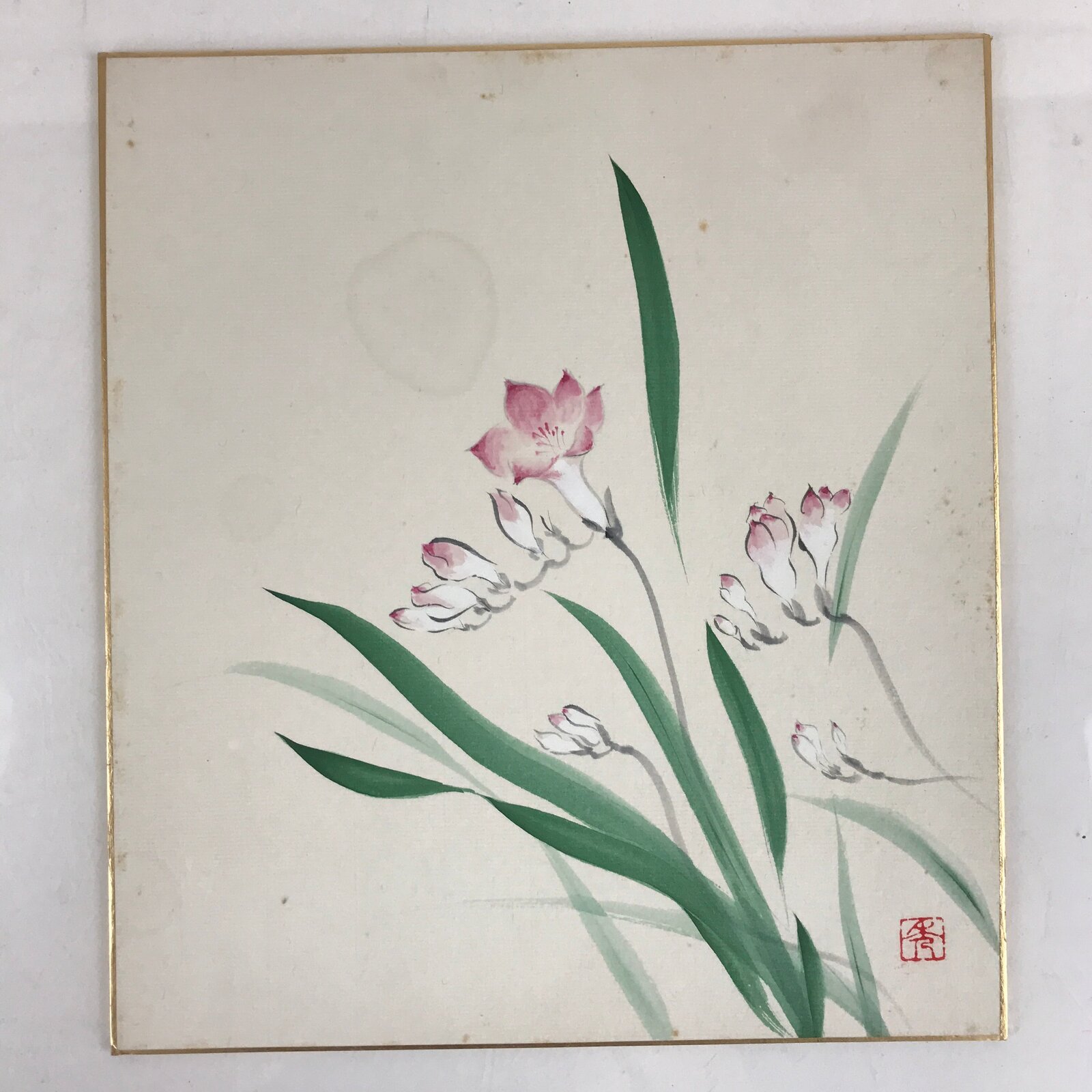 Japanese Shikishi Art Board Vtg Art Painting Nihonga Picture Display Pink Flower