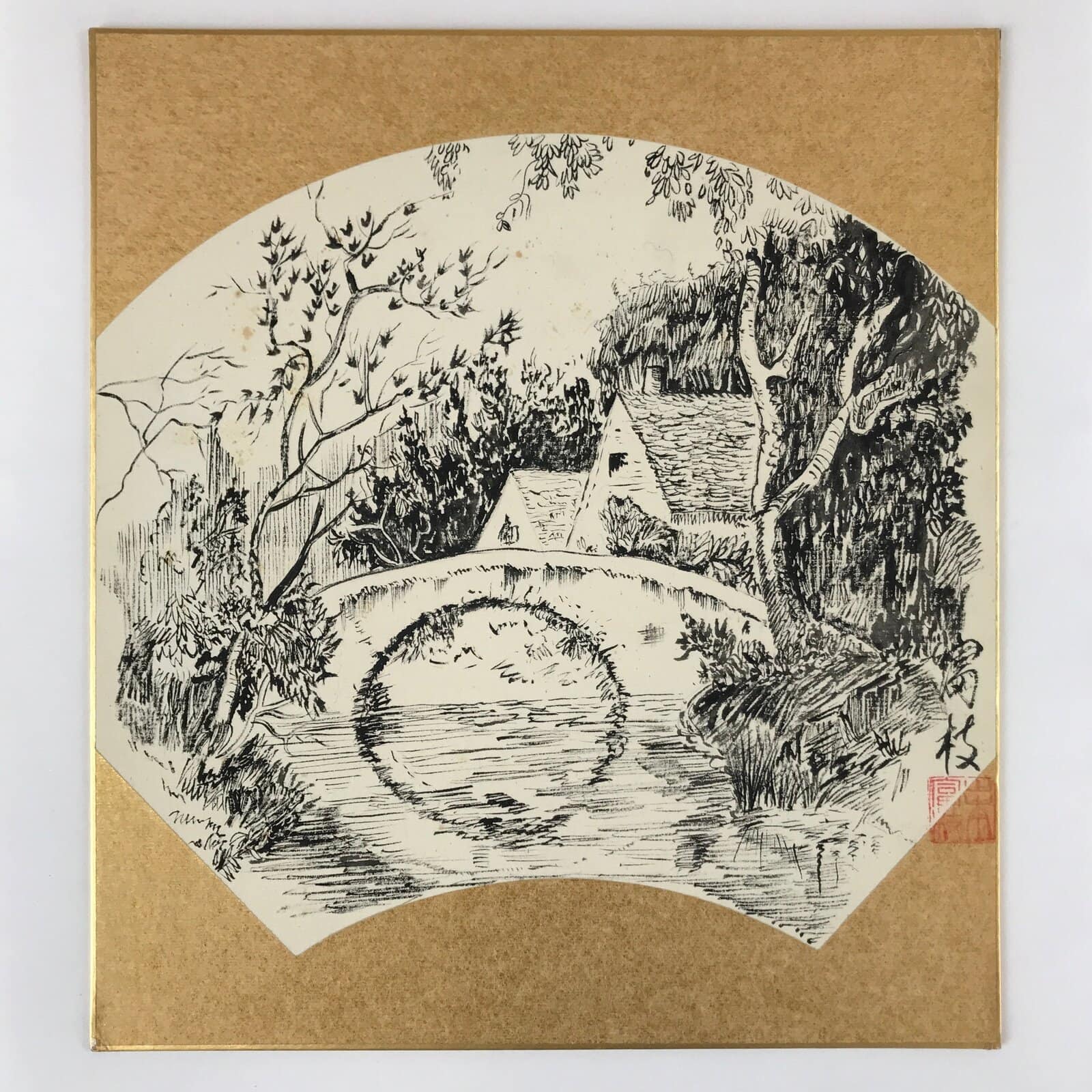 Japanese Shikishi Art Board Vtg Bridge River Village Landscape Black White A622