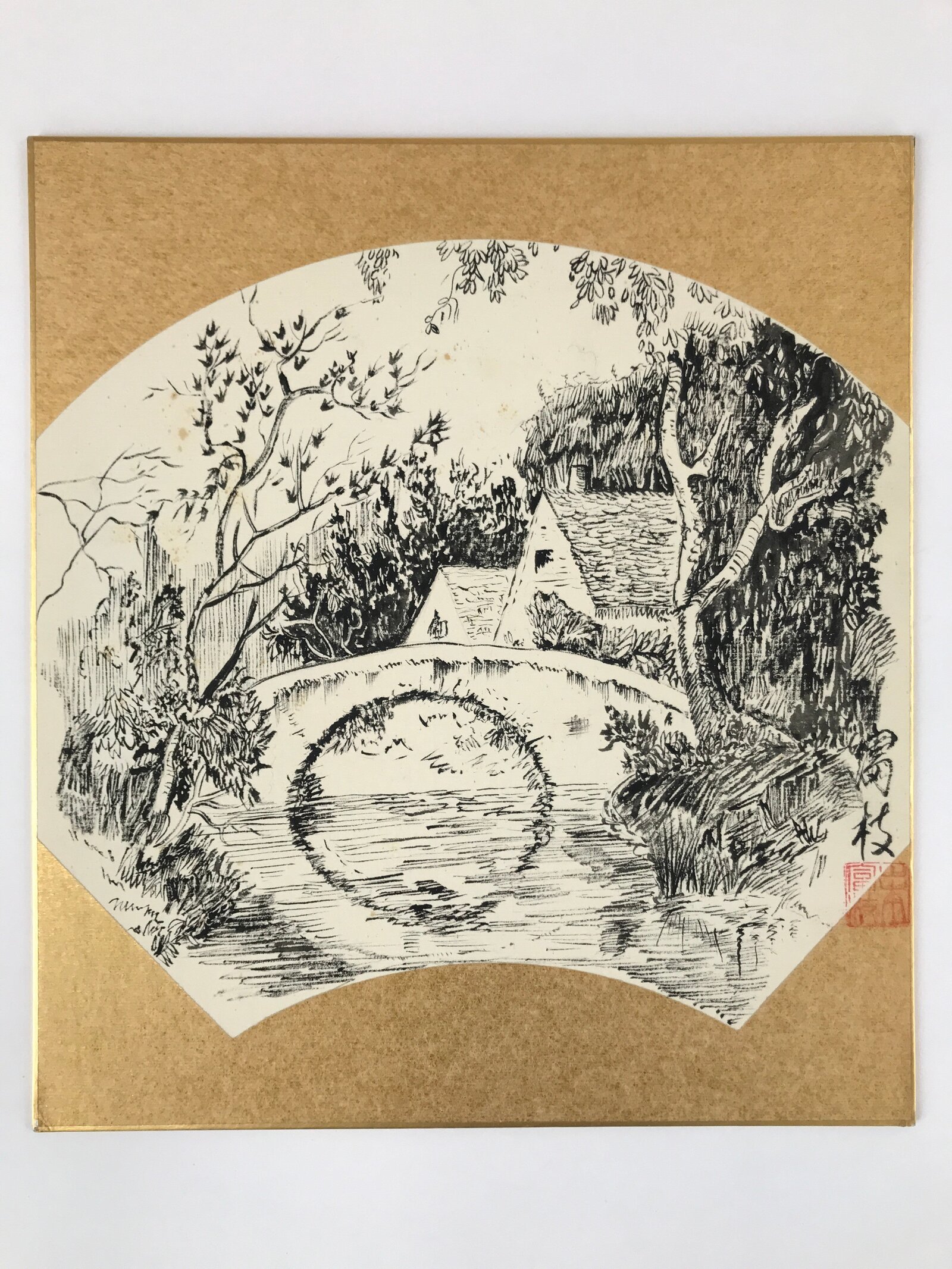 Japanese Shikishi Art Board Vtg Bridge River Village Landscape Black White A622